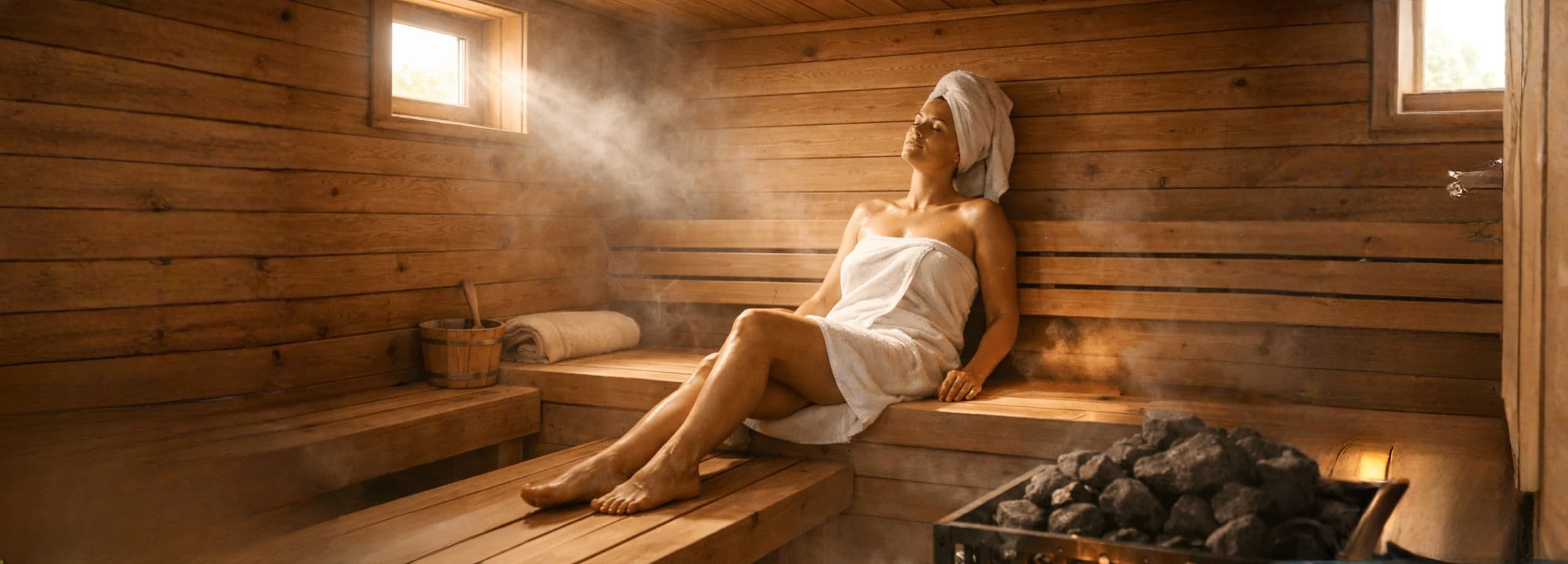 Osoba relaksująca się w saunie ogrodowej, zdrowotne korzyści korzystania z sauny