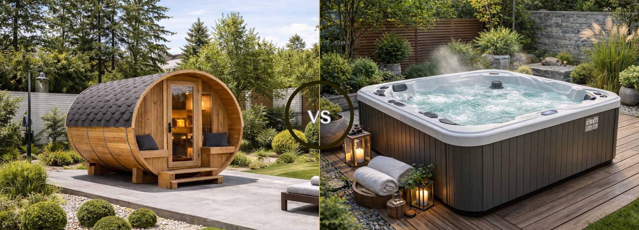 Sauna ogrodowa i jacuzzi ogrodowe w ogrodzie, porównanie dwóch stref relaksu