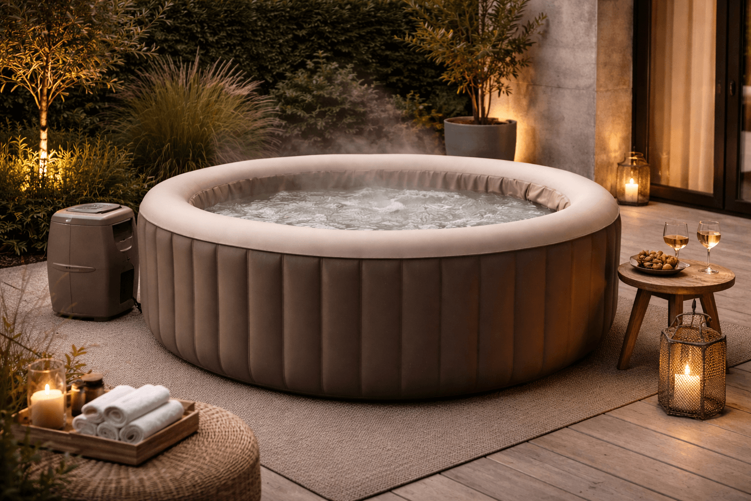 Premium dmuchane jacuzzi na nowoczesnym tarasie o zmierzchu, w ciepłej aranżacji z naturalnym drewnem, beżowymi tekstyliami i czarnymi akcentami; nad wodą unosi się delikatna para, miękkie oświetlenie tworzy spokojny, luksusowy klimat wellness.