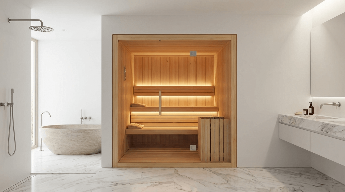 Nowoczesna sauna domowa z przeszklonym frontem w luksusowej łazience, drewno cedrowe