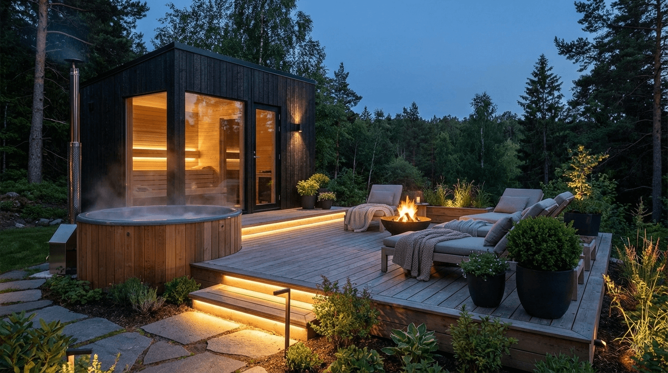 Luksusowa ogrodowa strefa wellness z drewnianą sauną, balią z hydromasażem i elegancką przestrzenią relaksu w naturalnym, wieczornym otoczeniu.