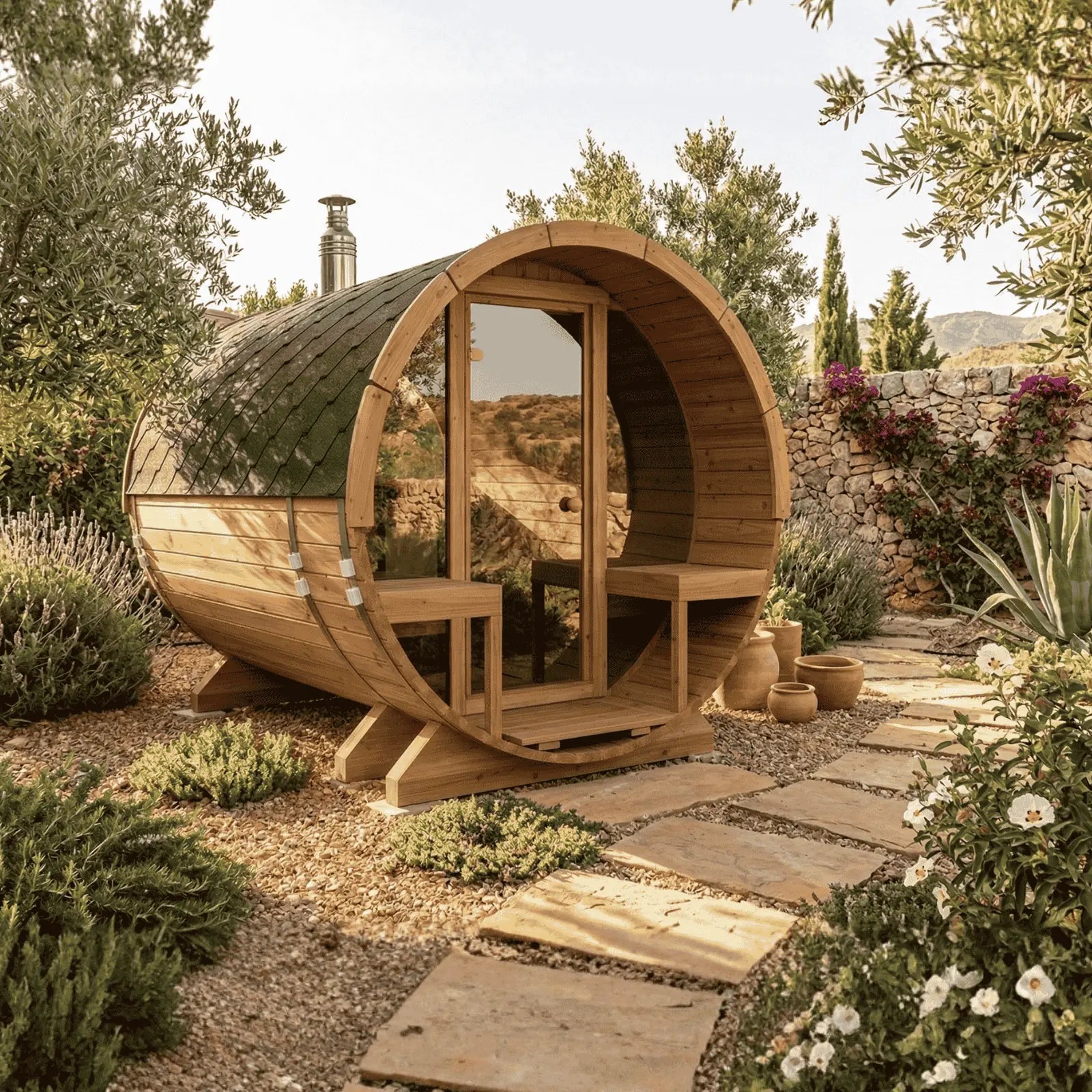 Sauna ogrodowa beczka Orbi 270 cm 4 osobowa z tarasem