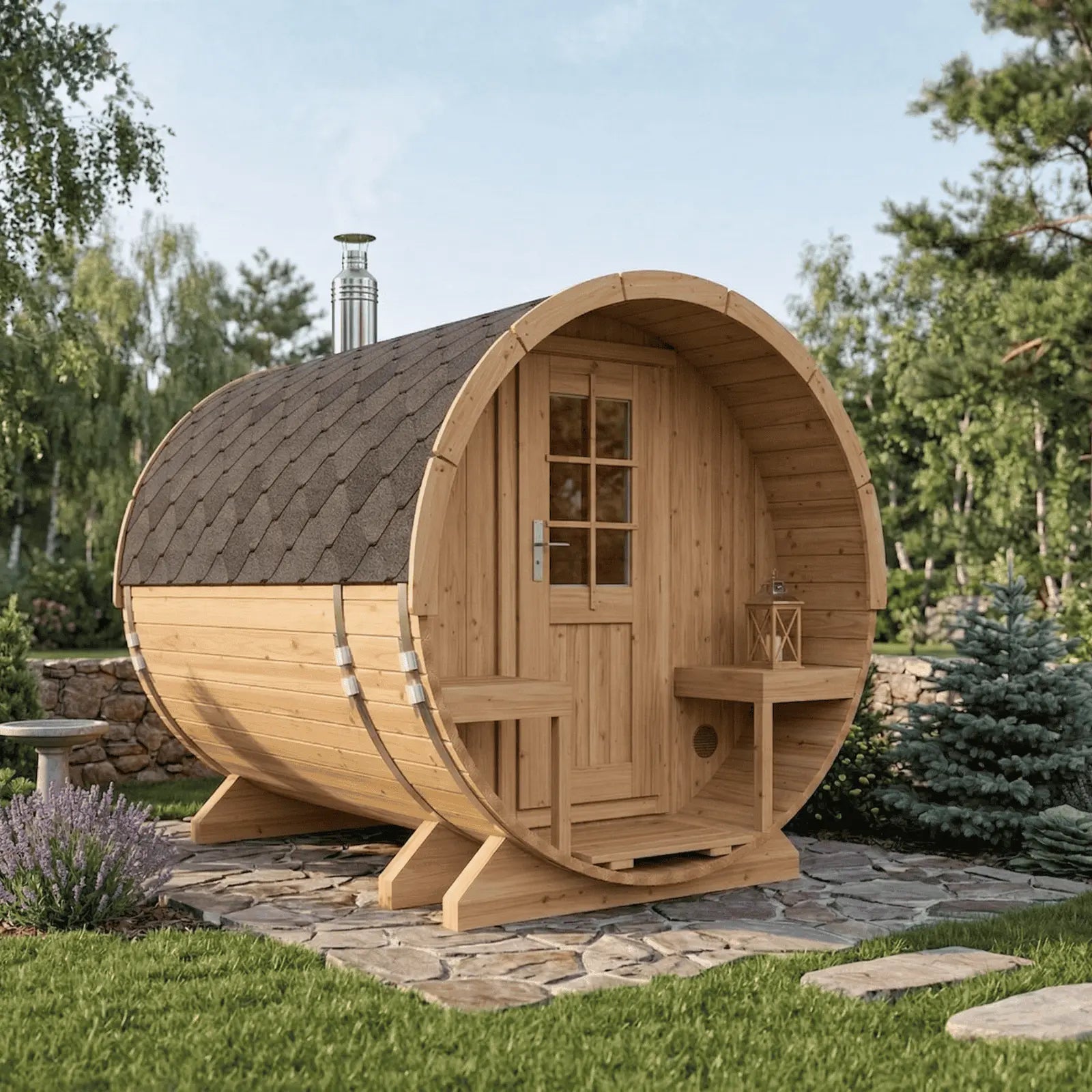 Sauna ogrodowa beczka Orbi 270 cm 4 osobowa z tarasem