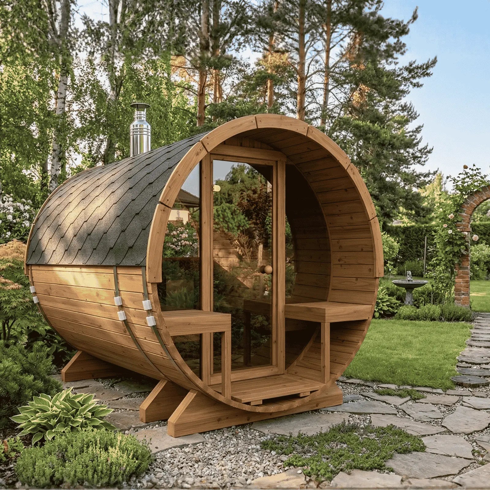 Sauna ogrodowa beczka Orbi 270 cm 4 osobowa z tarasem