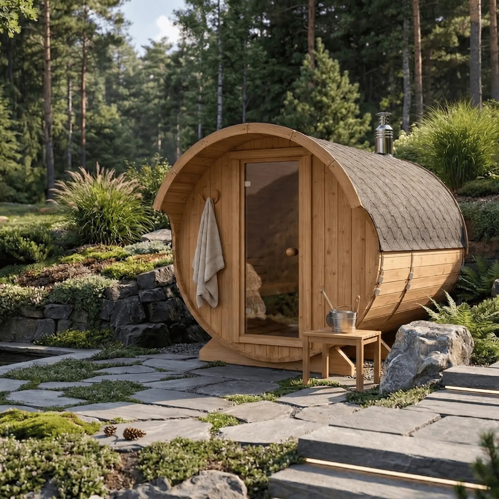 Sauna ogrodowa beczka Orbi 3,3 m z daszkiem nad wejściem 4-6 osobowa