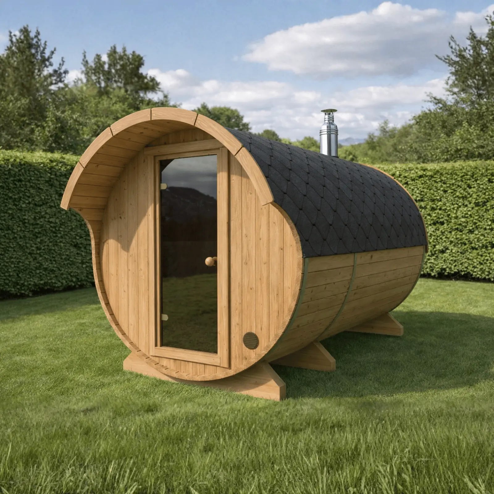 Sauna ogrodowa beczka Orbi 3,3 m z daszkiem nad wejściem 4-6 osobowa