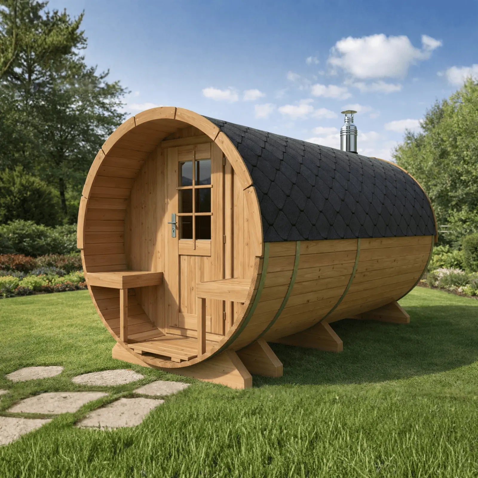 Sauna ogrodowa beczka Orbi 4,0 m z tarasem 6 osobowa