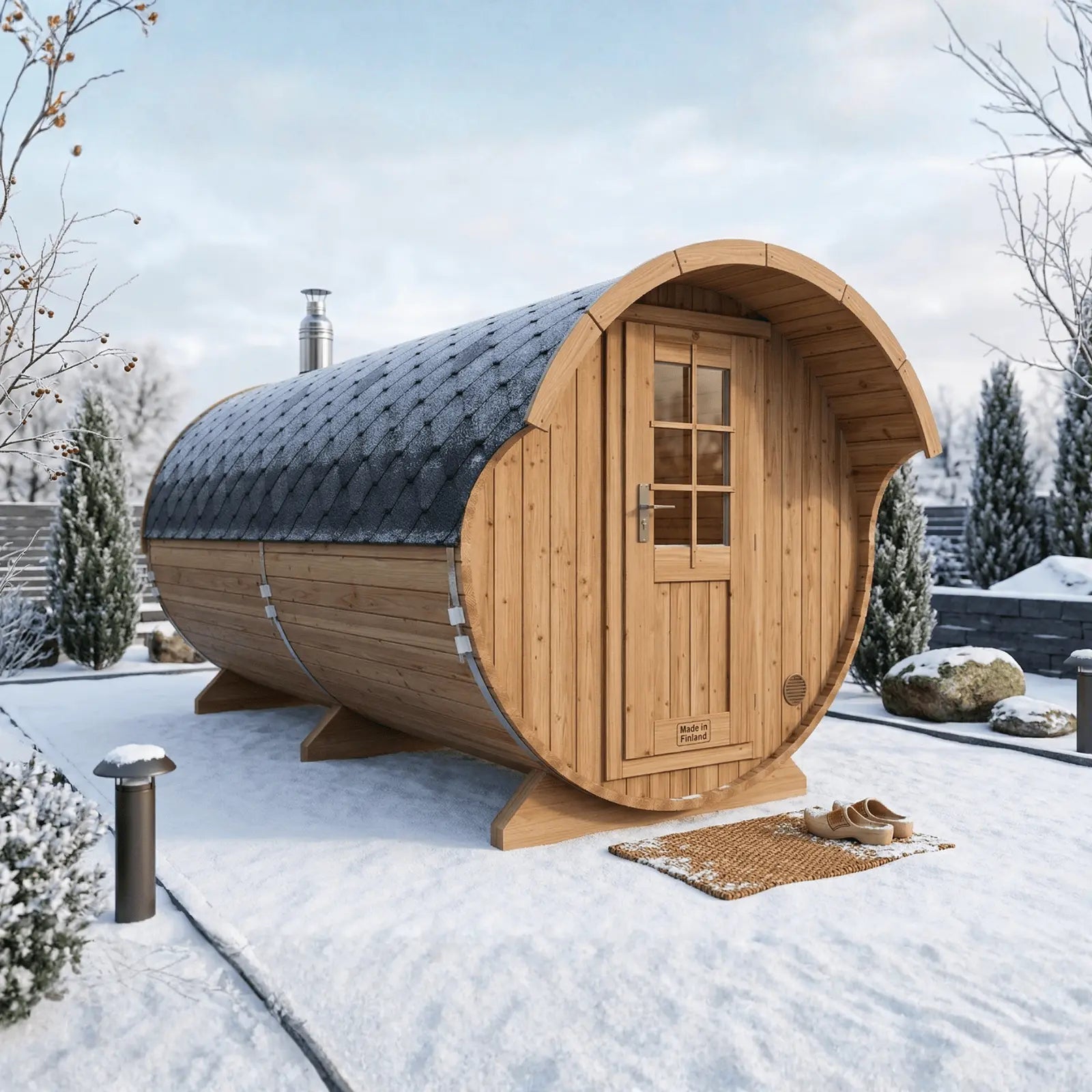 Sauna ogrodowa beczka Orbi 4,0 m z daszkiem nad wejściem 8 osobowa