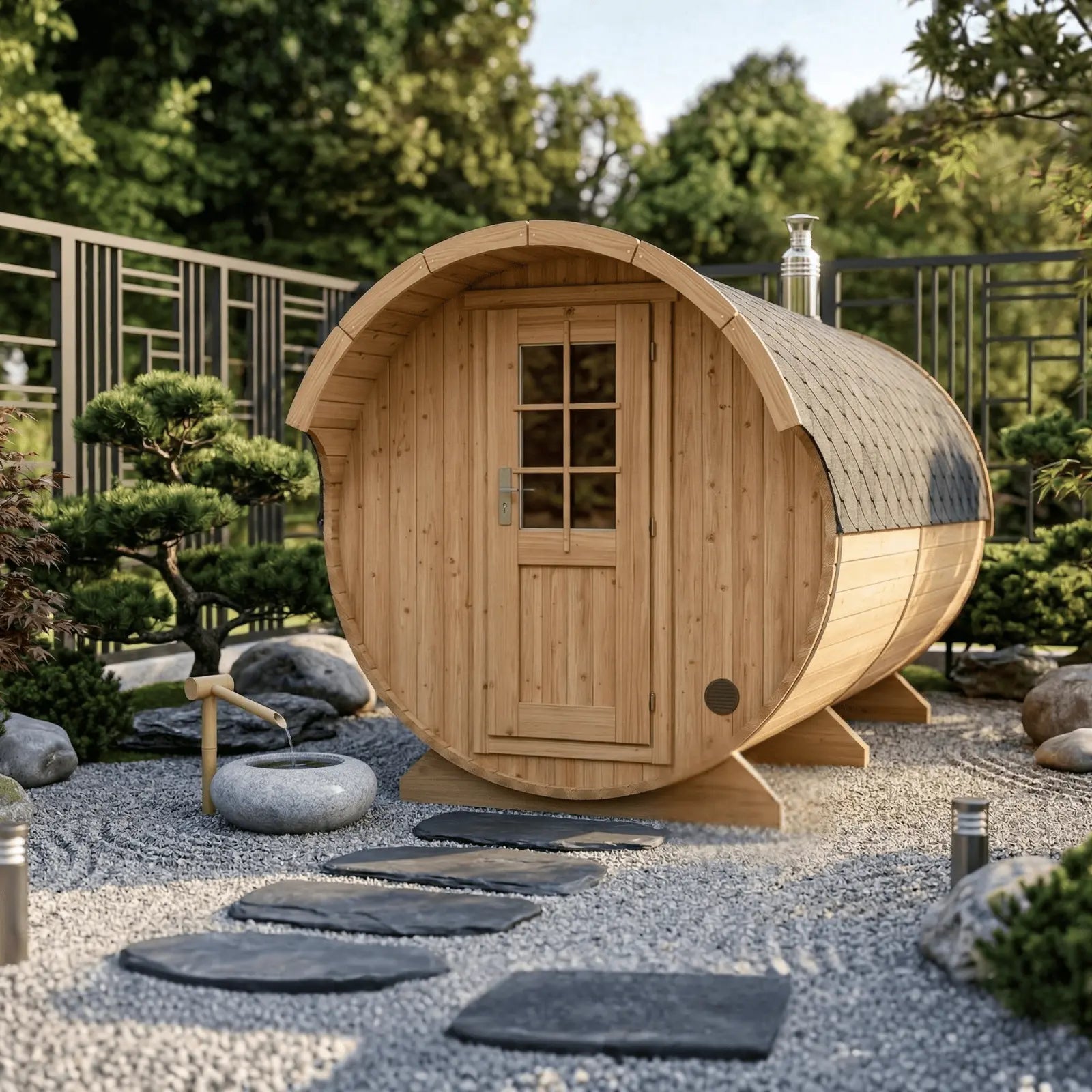 Sauna ogrodowa beczka Orbi 4,0 m z daszkiem nad wejściem 8 osobowa