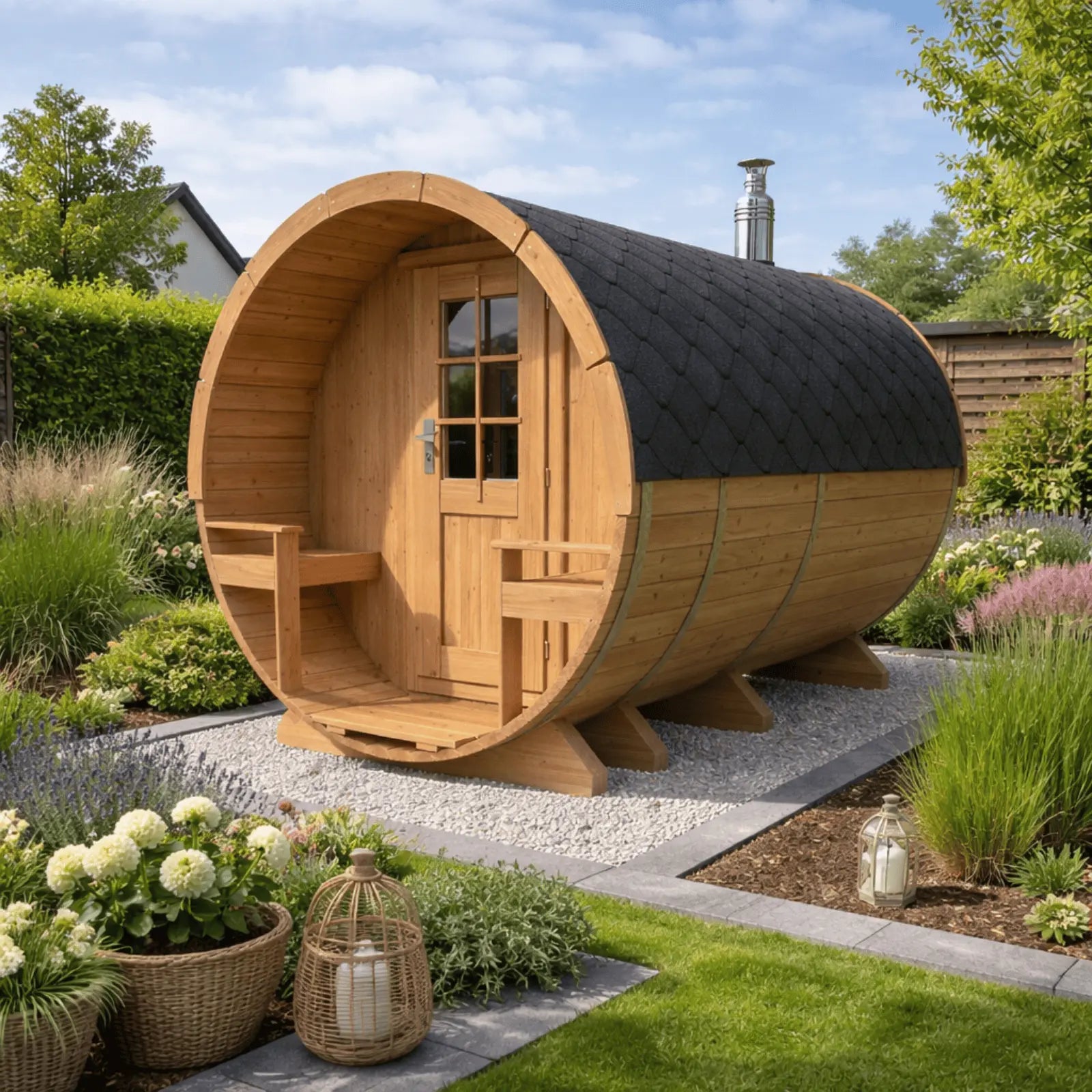 Sauna ogrodowa beczka premium Orbi 3,3 m 4-6 osobowa z tarasem