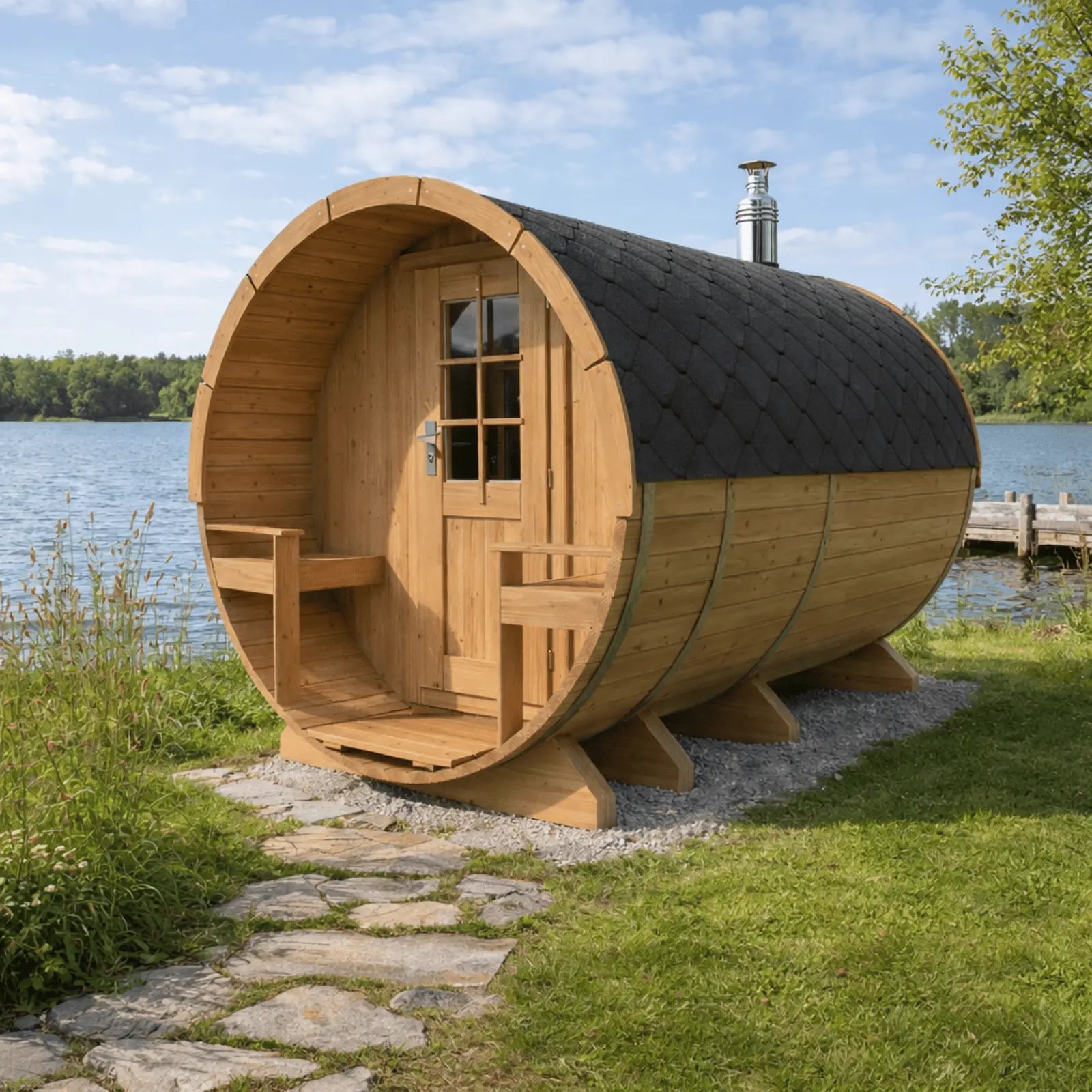 Sauna ogrodowa beczka premium Orbi 3,3 m 4-6 osobowa z tarasem