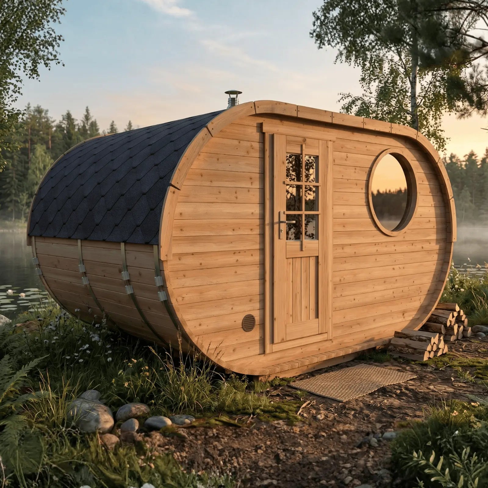 Sauna ogrodowa owalna z drewna, z drzwiami i okrągłym oknem, ustawiona w naturalnym otoczeniu przy lesie