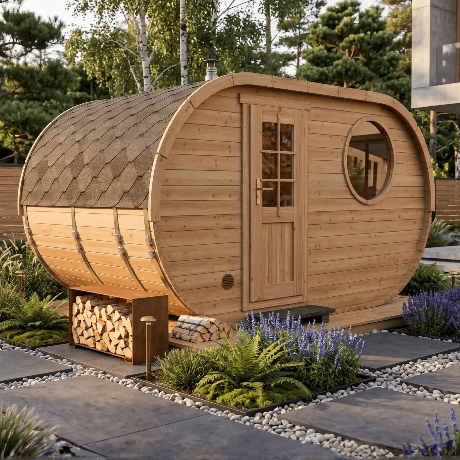 Nowoczesna sauna ogrodowa owalna 2,4 × 4 m z drewnianą elewacją i detalami premium w ogrodzie