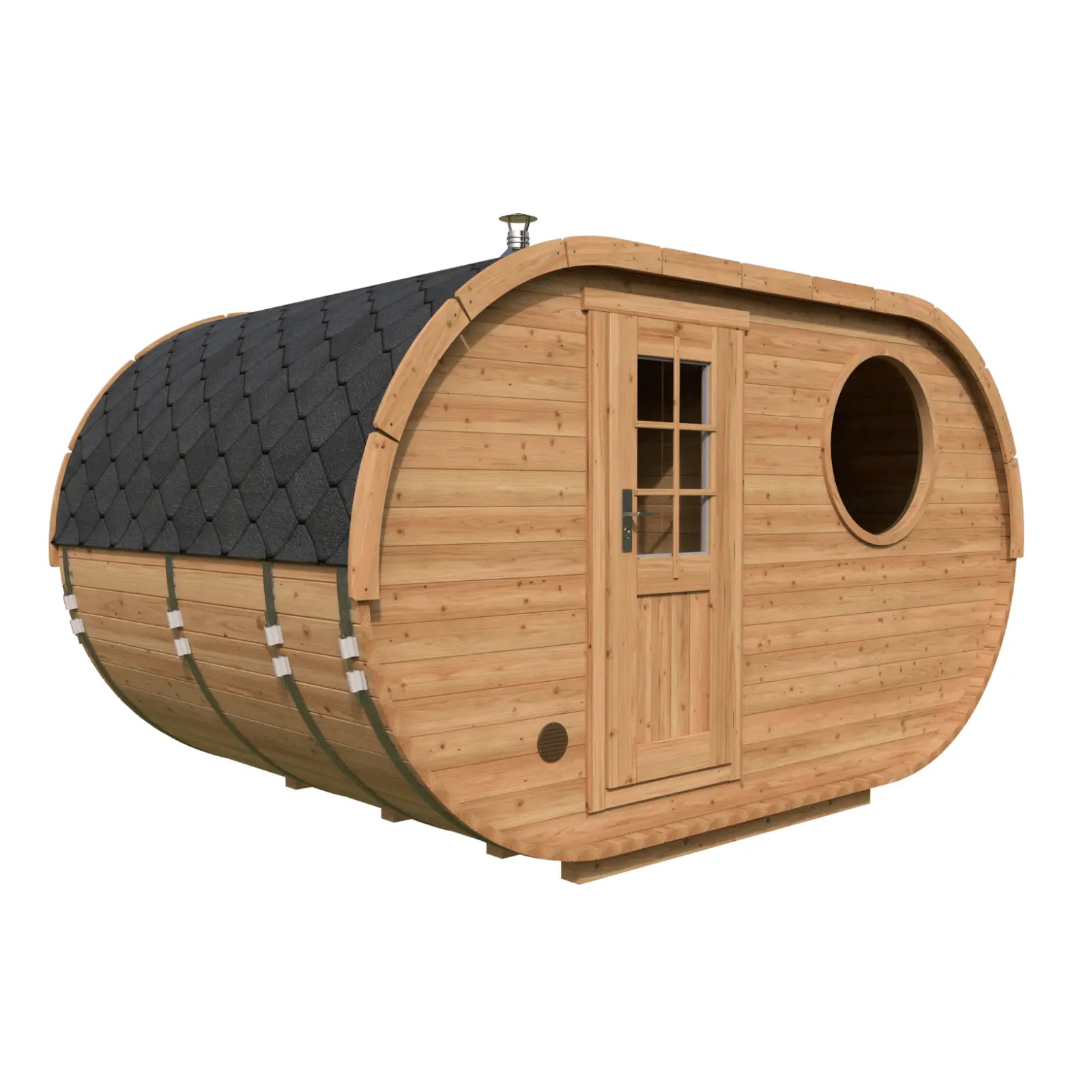 Sauna ogrodowa owalna 2,4 × 4 m do ogrodu, drewniana sauna z okrągłym oknem, drzwiami przeszklonymi i dachem bitumicznym na białym tle