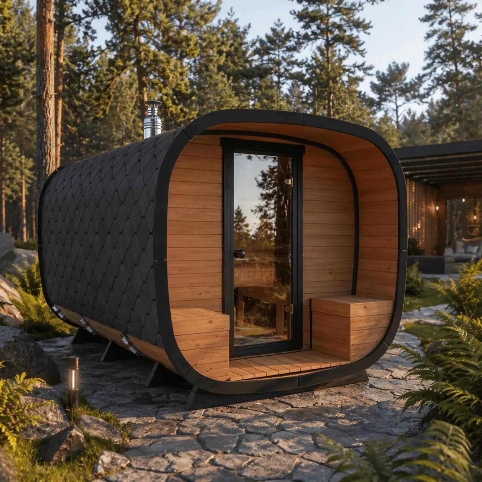 nowoczesna sauna ogrodowa Alto ustawiona wśród drzew, drewniana elewacja i przeszklone drzwi, klimatyczne oświetlenie oraz naturalne otoczenie sprzyjające relaksowi