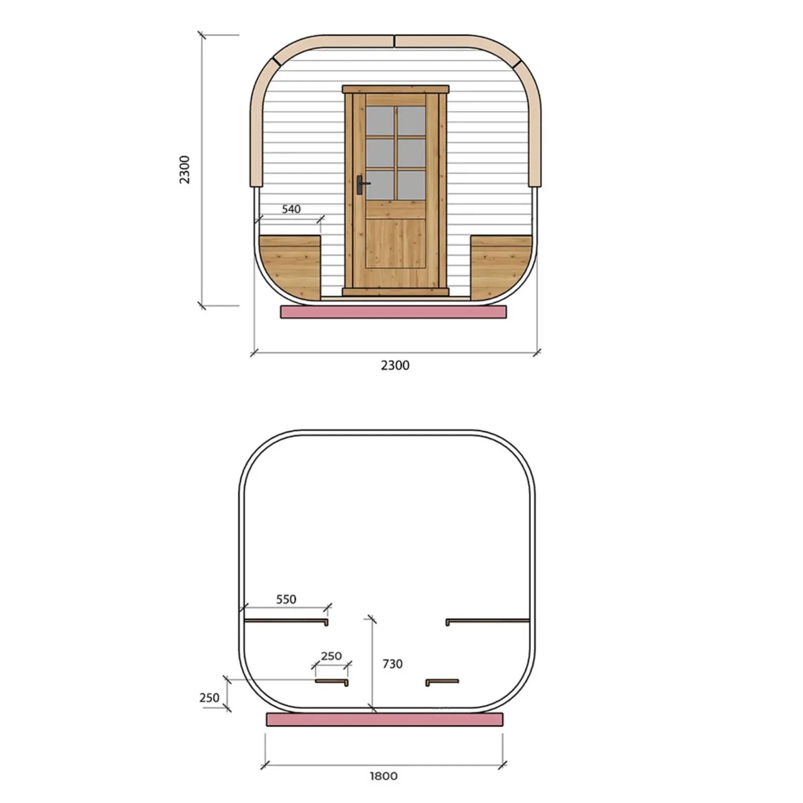 Przekrój techniczny sauny ogrodowej 230x180 cm z drewnianymi drzwiami, ławkami i wymiarami konstrukcji beczkowej.