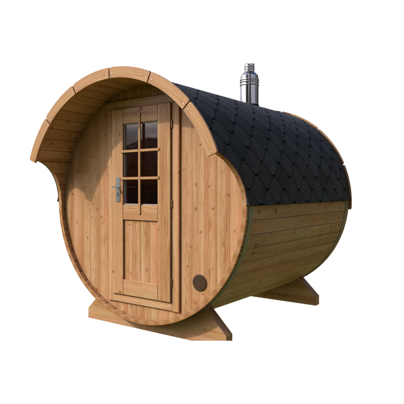kompaktowa sauna beczkowa z piecem opalanym drewnem na białym tle produktowym
