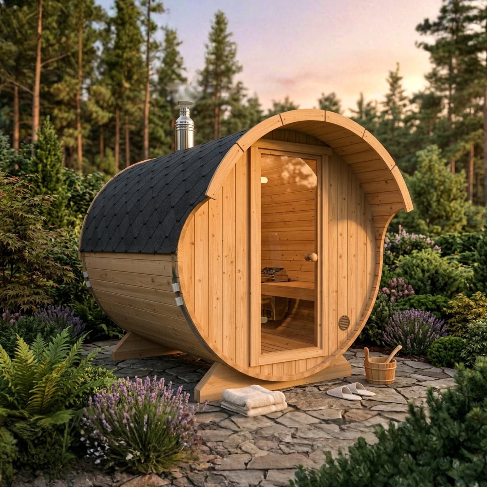 Sauna beczka w ogrodzie leśnym