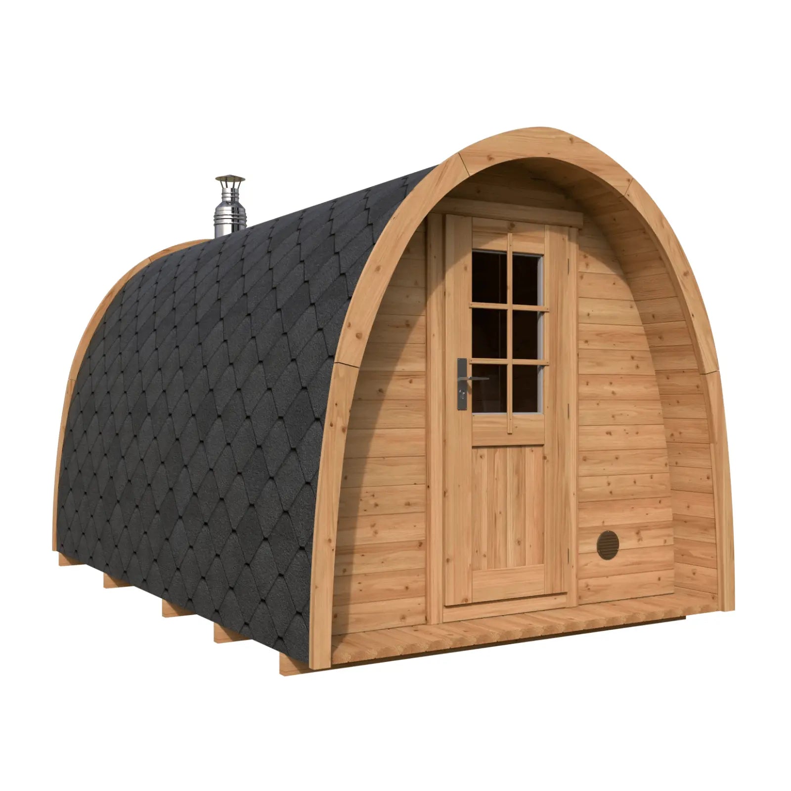 kompaktowa sauna igloo z drewna z przeszklonymi drzwiami i czarnym pokryciem dachowym idealna do ogrodu lub działki