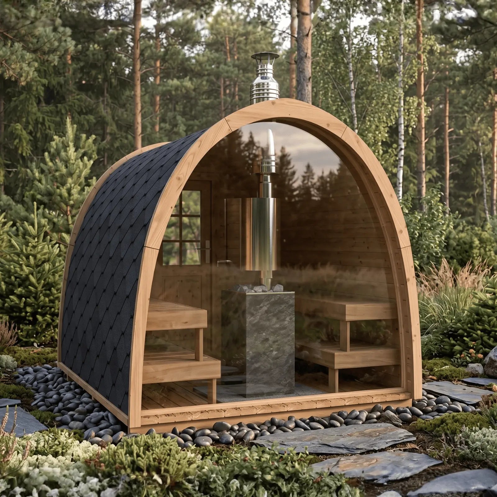 sauna ogrodowa igloo z przeszklonym frontem i widocznym wnętrzem z ławkami oraz piecem w zielonym ogrodzie