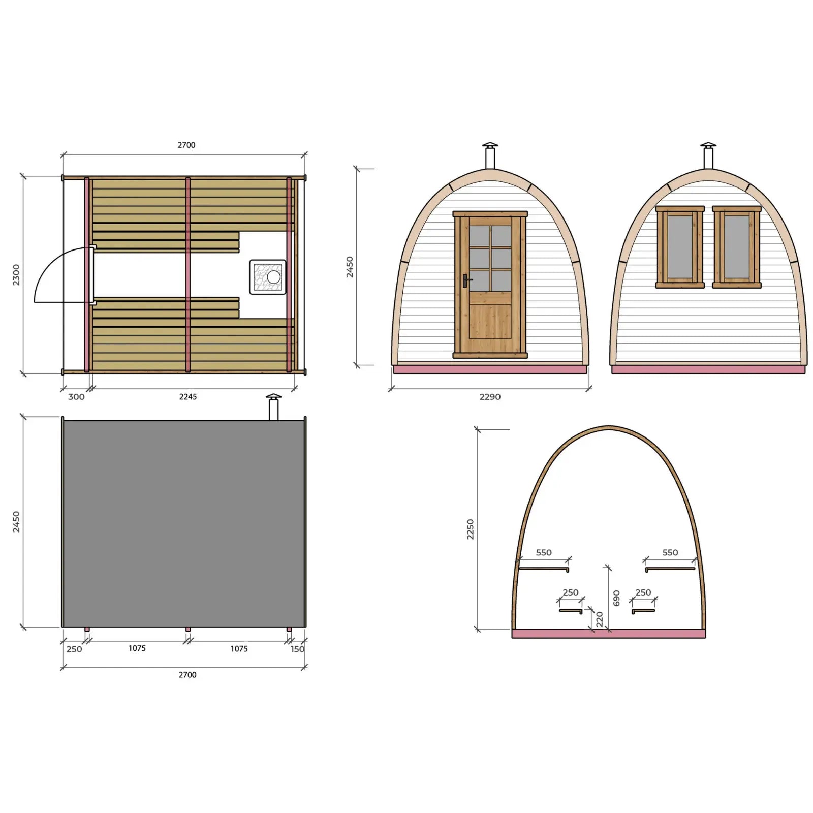 sauna ogrodowa igloo rysunek techniczny wymiary 2,7m schemat konstrukcji układ wnętrza sauna zewnętrzna projekt