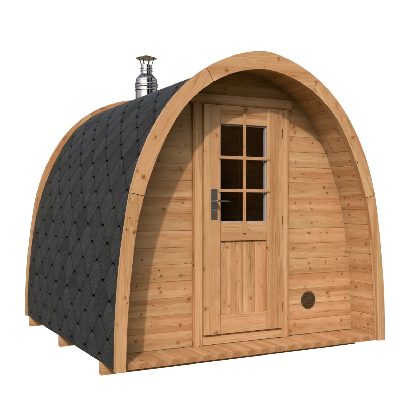 sauna ogrodowa igloo widok frontowy z drewnianymi drzwiami z oknem i dachem z gontu bitumicznego