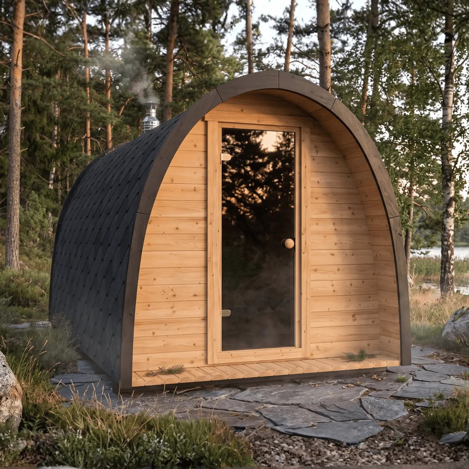 sauna ogrodowa igloo widok frontowy w leśnym ogrodzie z przeszklonymi drzwiami i piecem na drewno