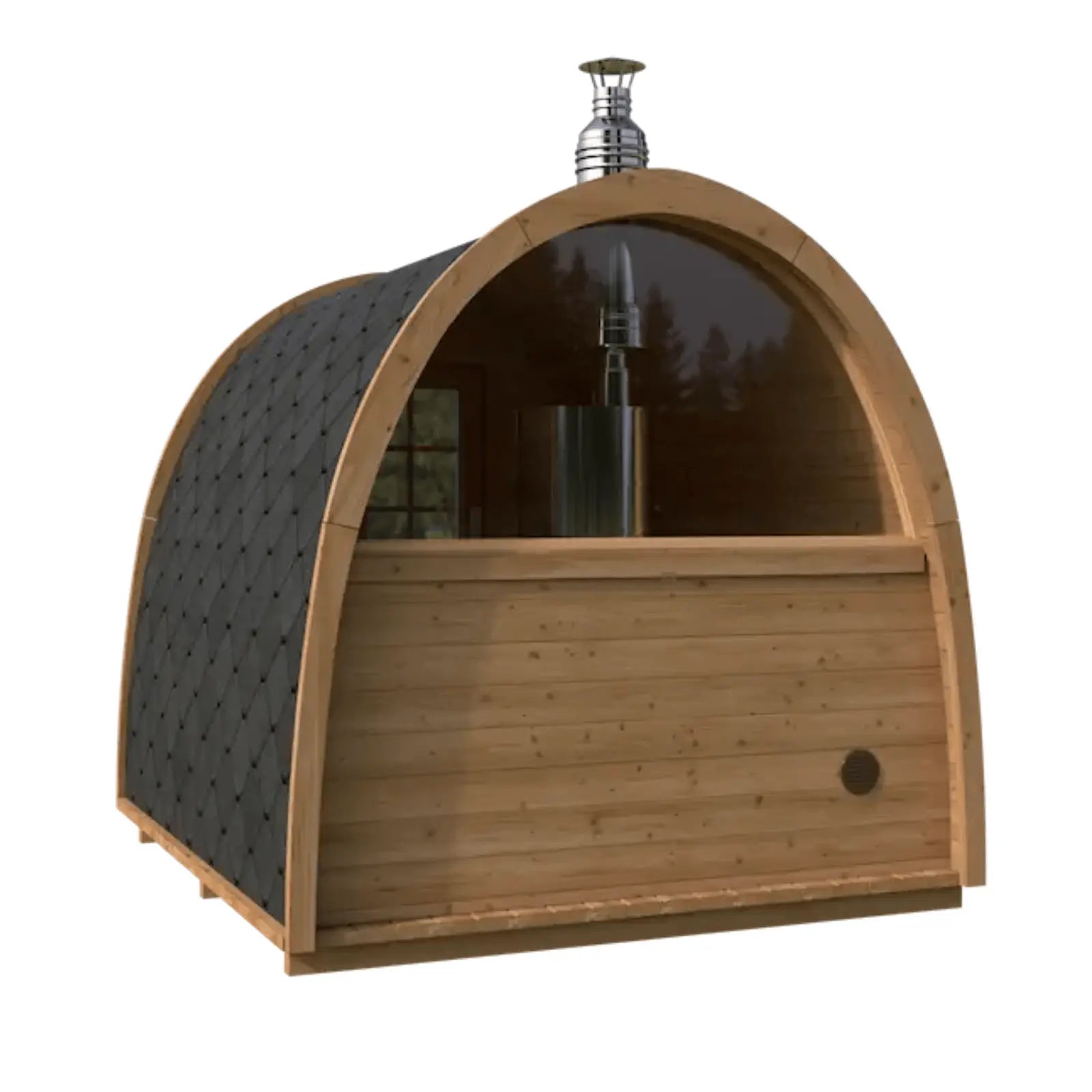 sauna ogrodowa igloo zabudowany tył przeszklony front drewno naturalne dach z gontu bitumicznego kompaktowa sauna zewnętrzna z piecem