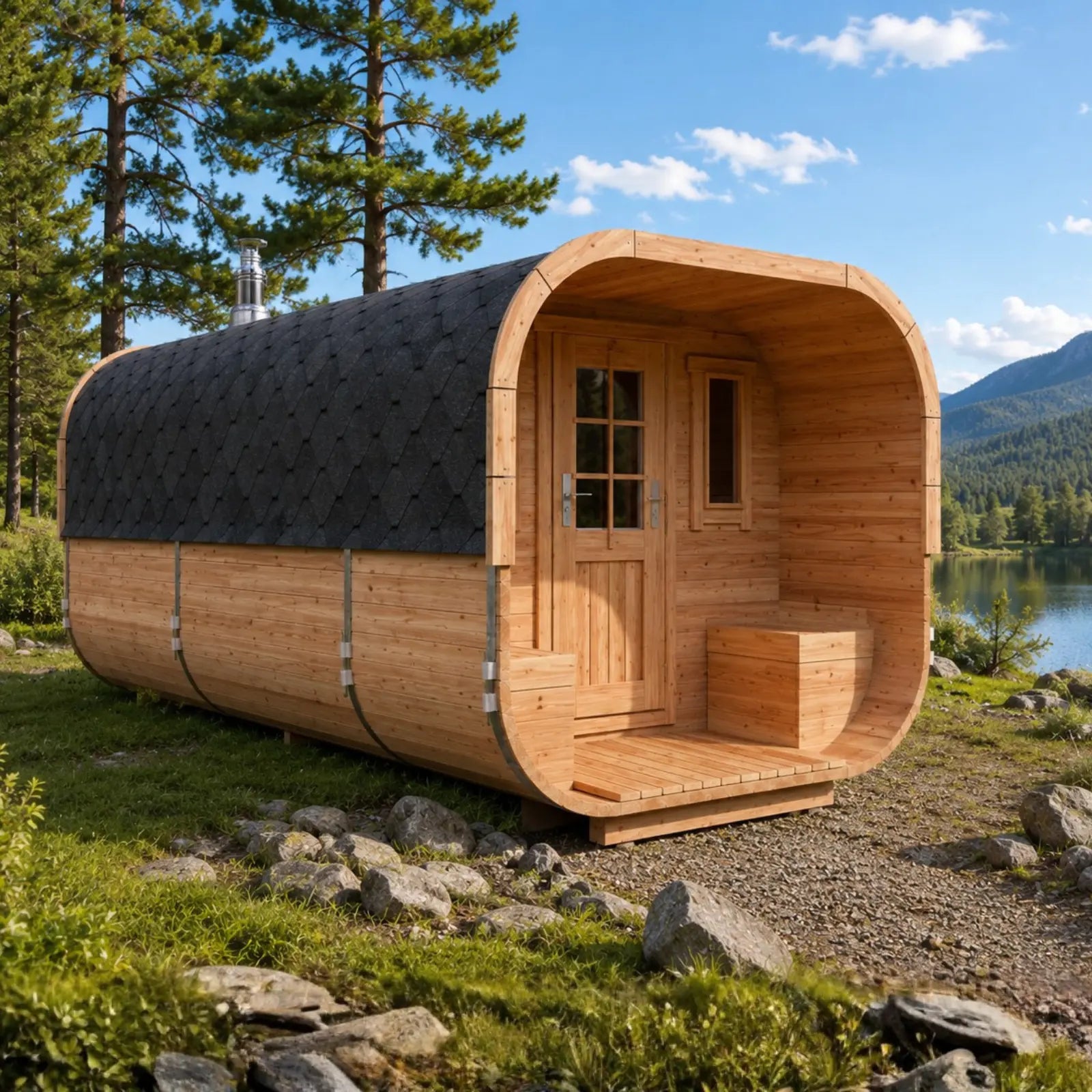 Sauna ogrodowa Alto 5,0 m dla 6–8 osób przy jeziorze w letnim krajobrazie, z zadaszonym tarasem, drewnianą elewacją i czarnym dachem