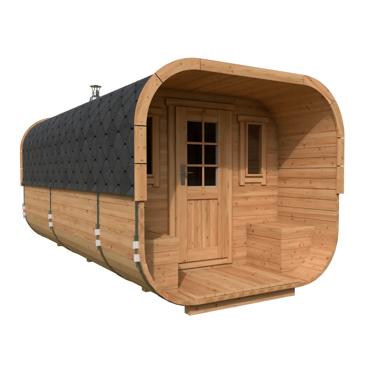 Sauna ogrodowa Alto 5,0 m dla 6–8 osób z drewnianym zadaszonym tarasem, przeszklonymi drzwiami i czarnym pokryciem dachowym