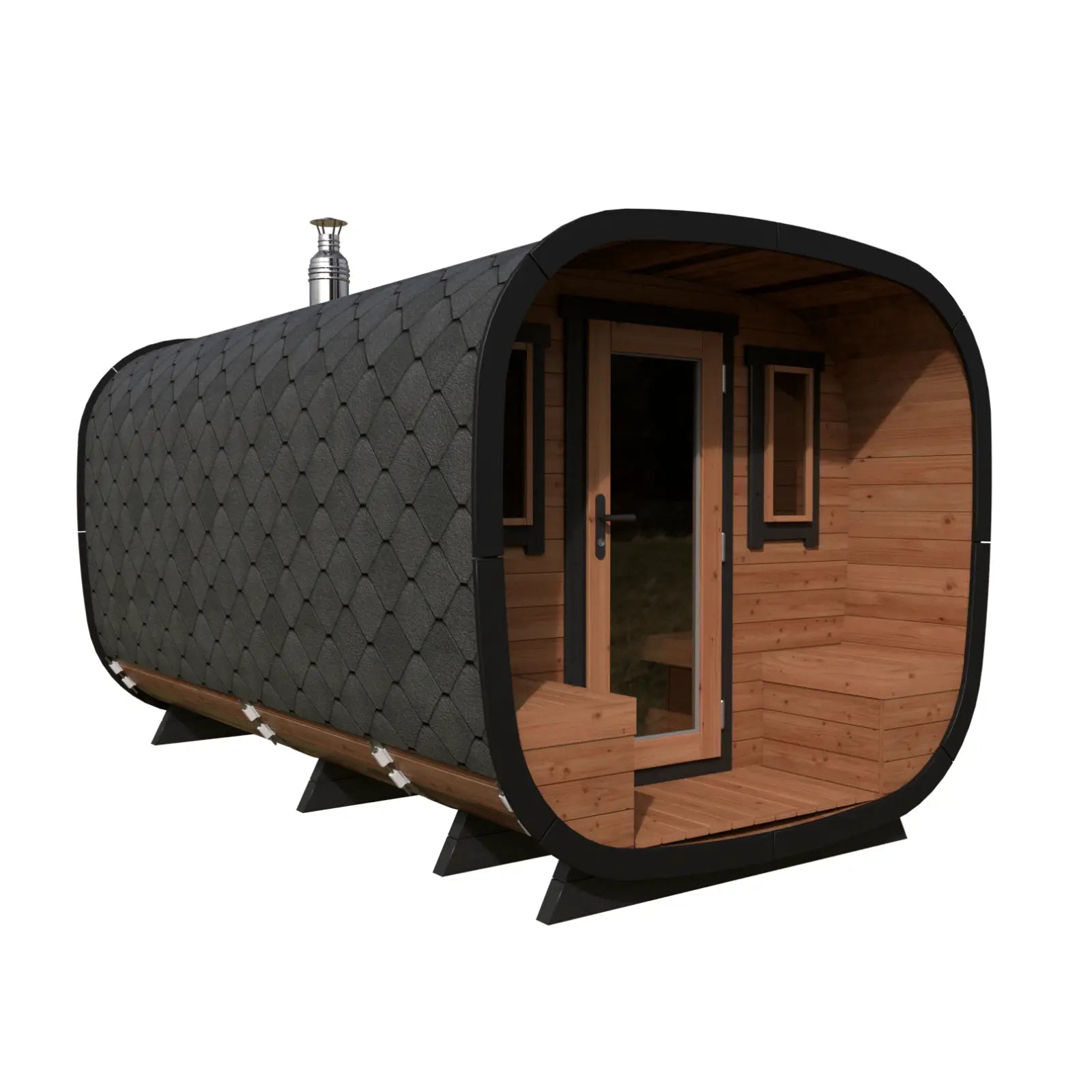 Sauna ogrodowa Alto z frontem, oknami, przeszklonymi drzwiami, drewnianą elewacją, czarnym gontem i kominem.