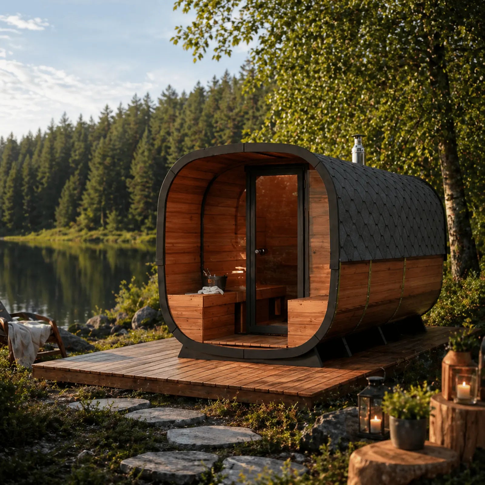 Drewniana sauna ogrodowa alto z czarnym gontem na tarasie nad jeziorem, idealna do relaksu w otoczeniu natury.