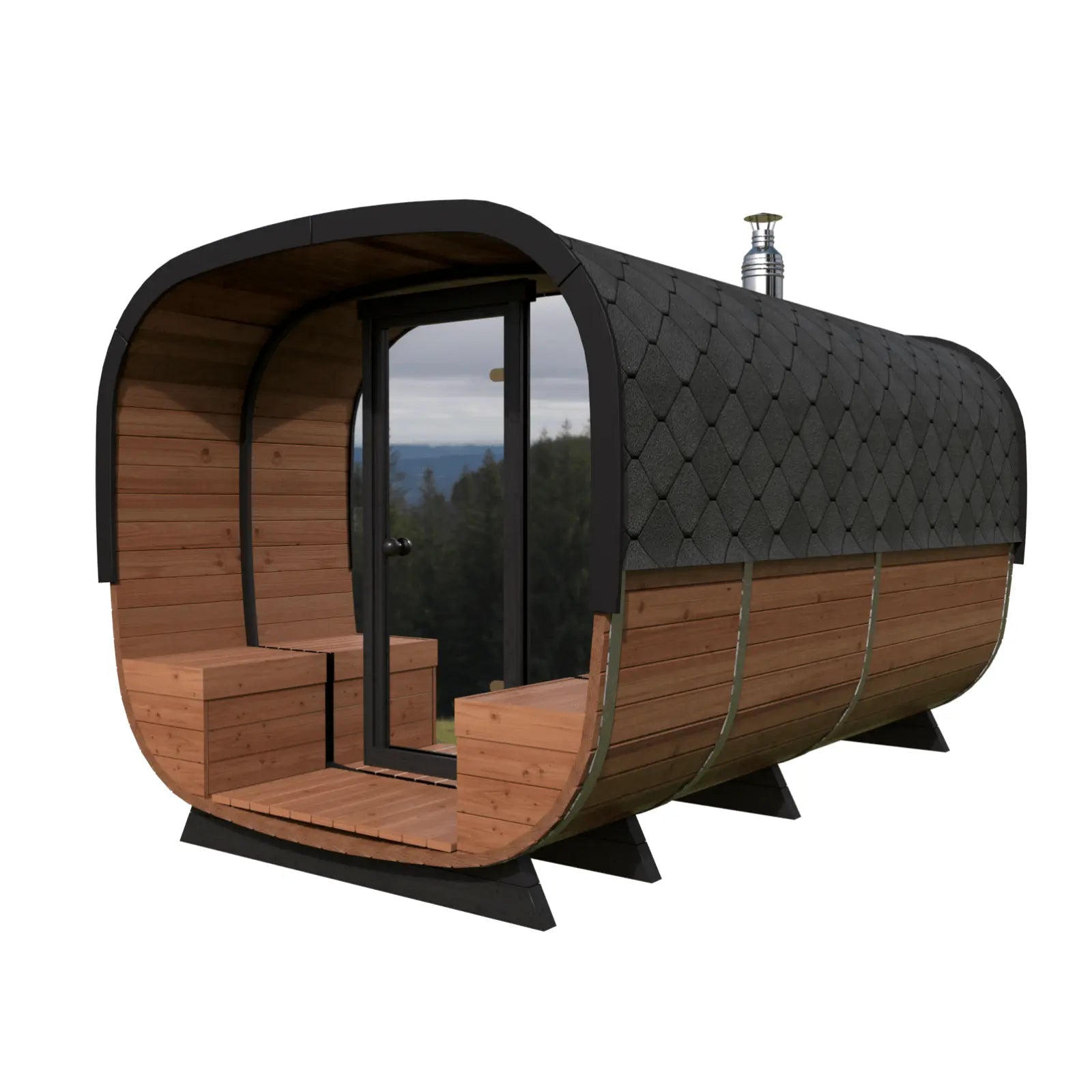 Sauna ogrodowa Alto z drewnianym przedsionkiem, przeszklonymi drzwiami, czarnym gontem i kominem, widok z przodu.
