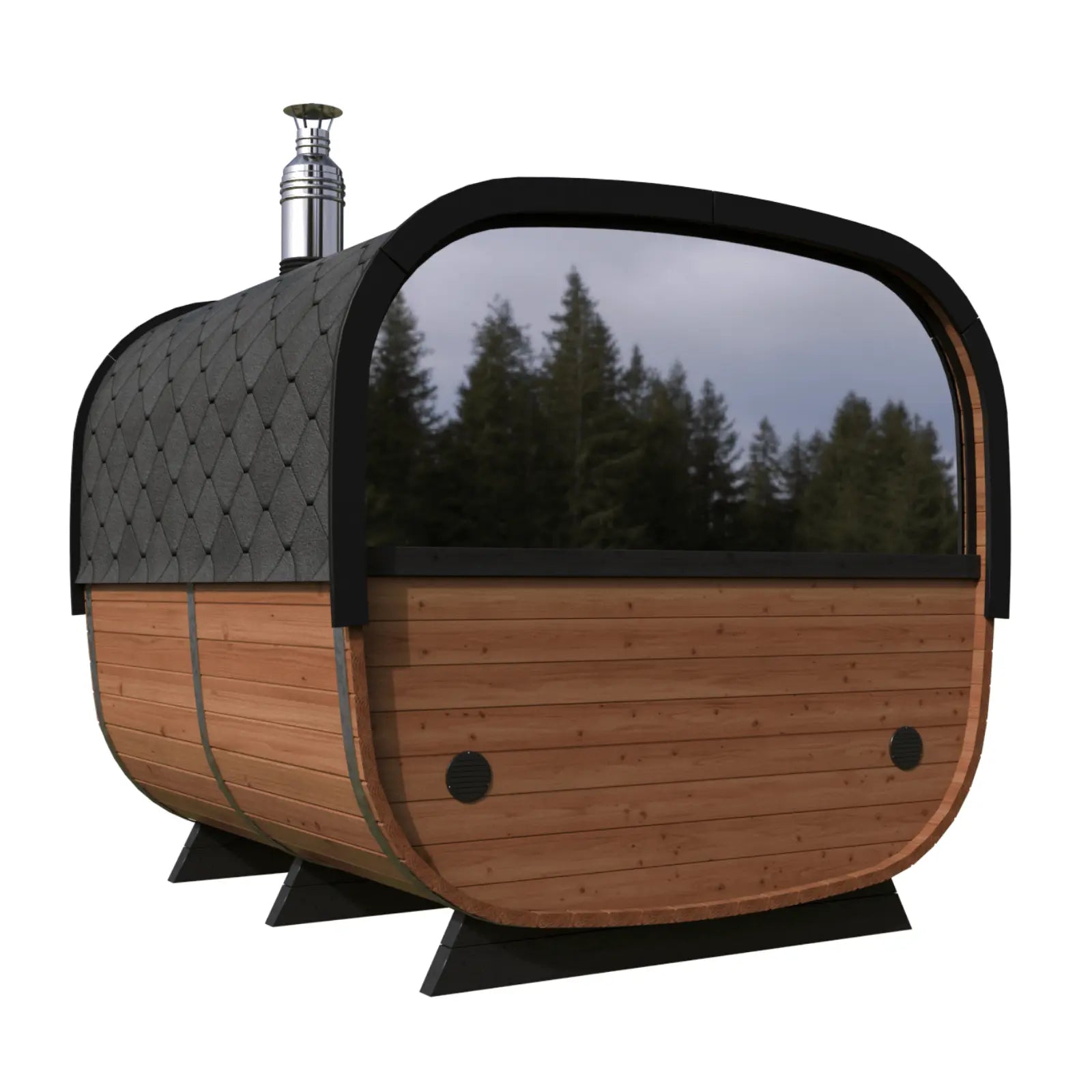 sauna ogrodowa alto z duzym panoramicznym przeszkleniem z tylu i czarna elewacja nowoczesna konstrukcja do ogrodu zapewnia widok i komfort korzystania z sauny