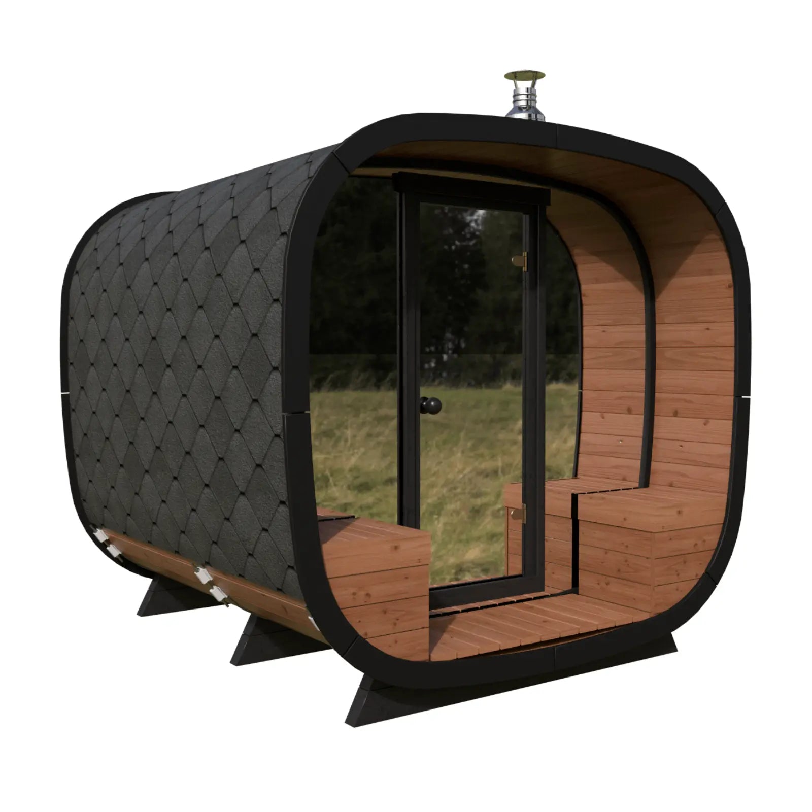 sauna ogrodowa alto wejscie z duzym przeszkleniem drzwi szklane nowoczesna bryla drewniana konstrukcja sauna do ogrodu idealna do relaksu i wypoczynku na dzialce