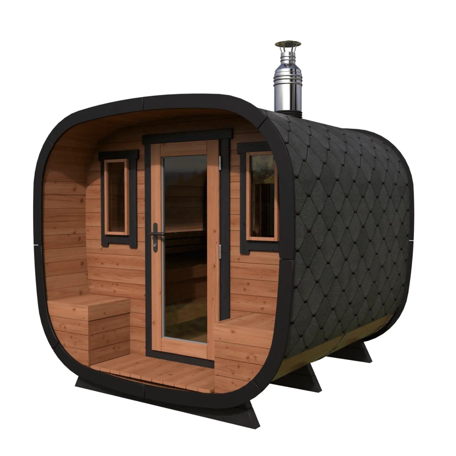sauna ogrodowa alto widok z przodu przeszklone drzwi wejscie i okna nowoczesny design drewniana konstrukcja sauna do ogrodu komfort i relaks przez caly rok