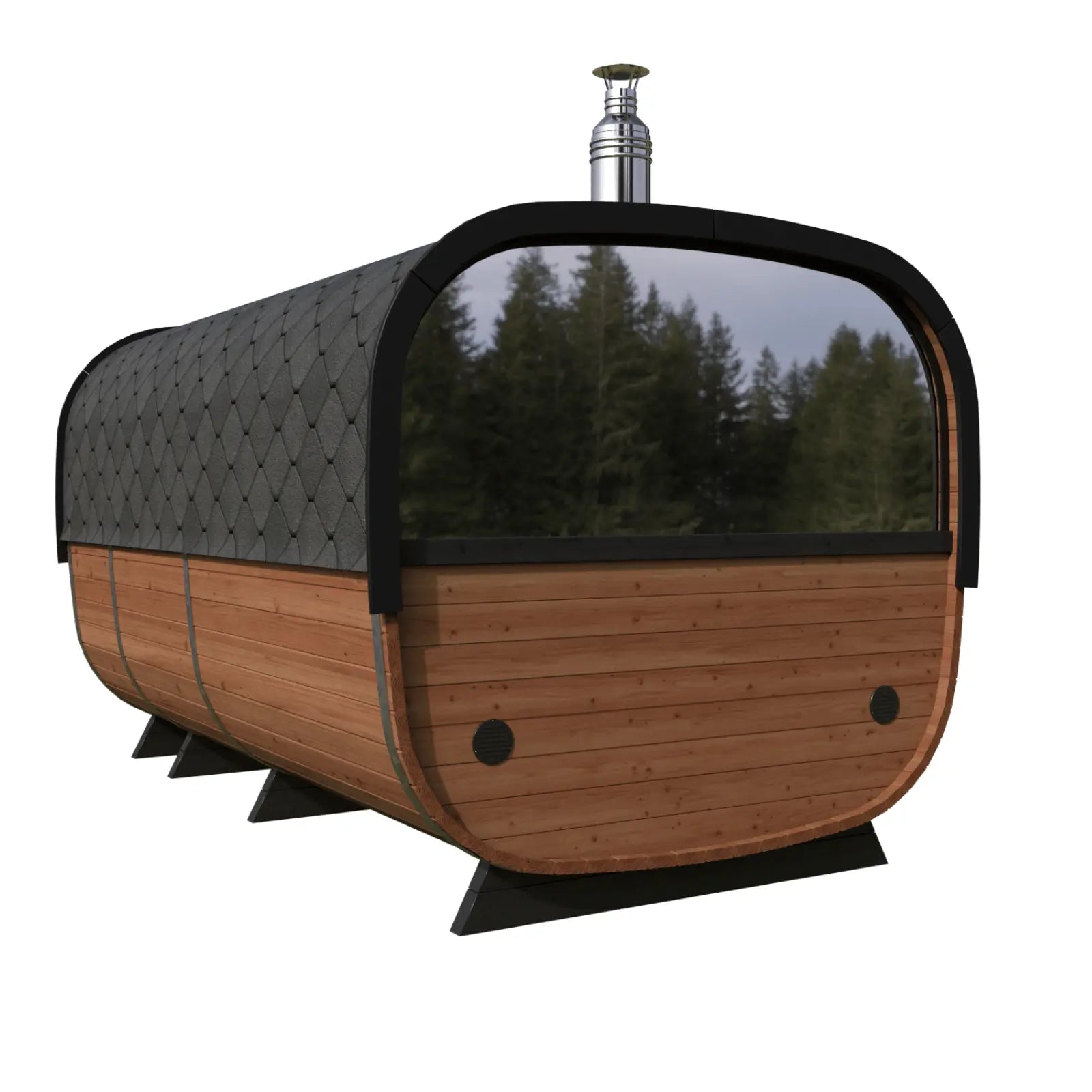 Sauna ogrodowa Alto z dużym panoramicznym oknem z tyłu, drewnianą elewacją, czarnym gontem i kominem na białym tle.