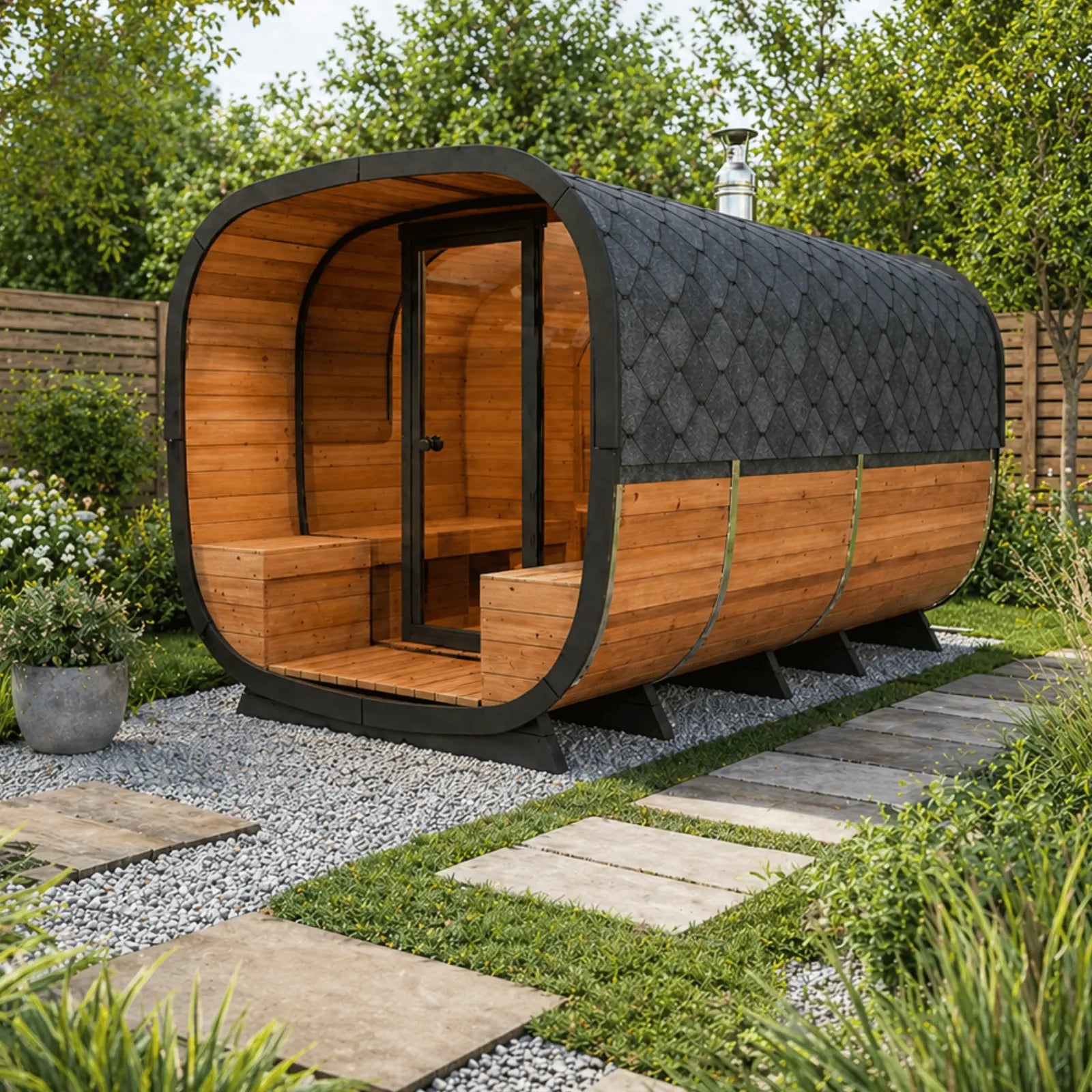Drewniana sauna ogrodowa Alto z przedsionkiem, czarnym gontem i przeszklonymi drzwiami, ustawiona w nowoczesnym ogrodzie.