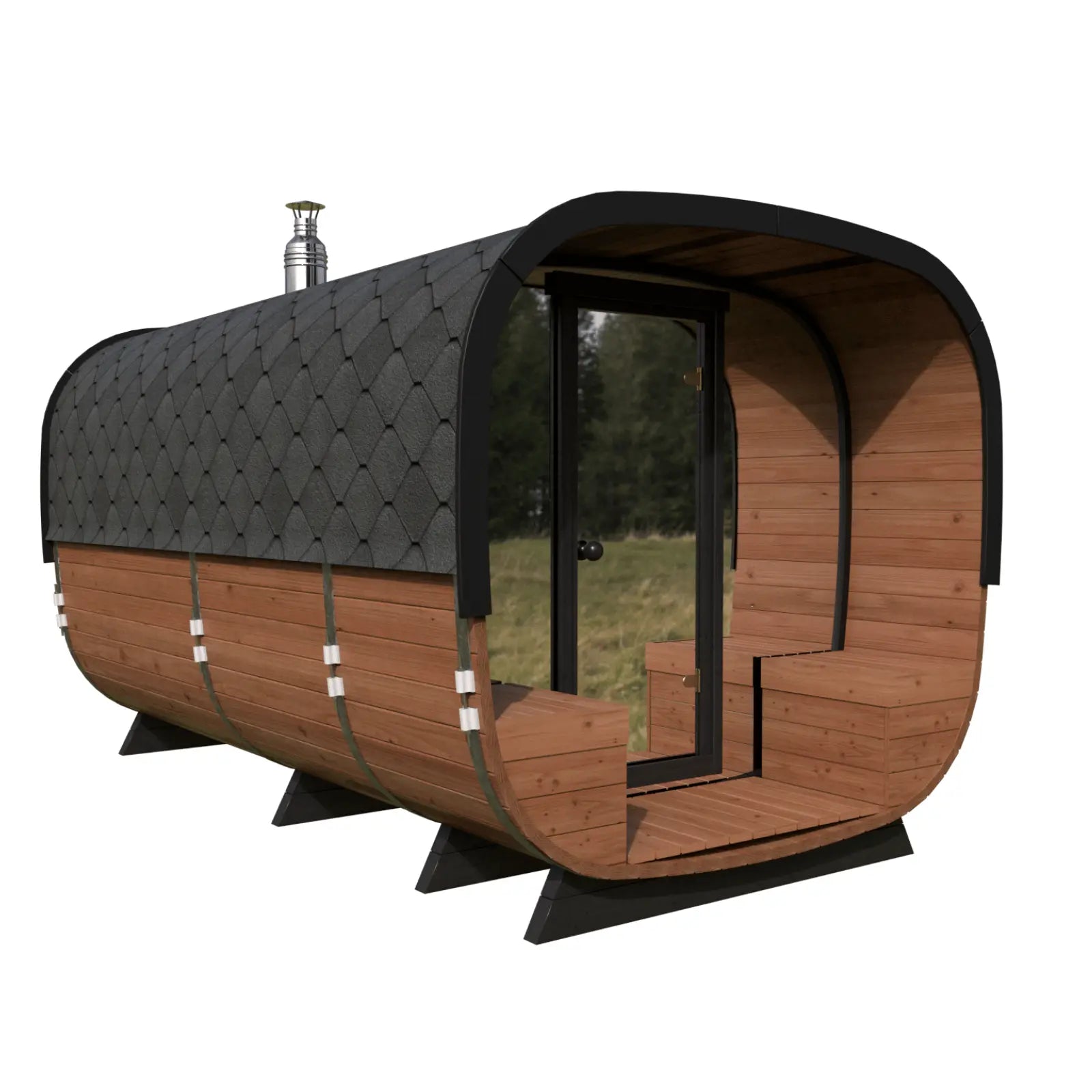 Sauna ogrodowa Alto z przedsionkiem, przeszklonymi drzwiami, drewnianą elewacją, czarnym gontem i kominem na białym tle.