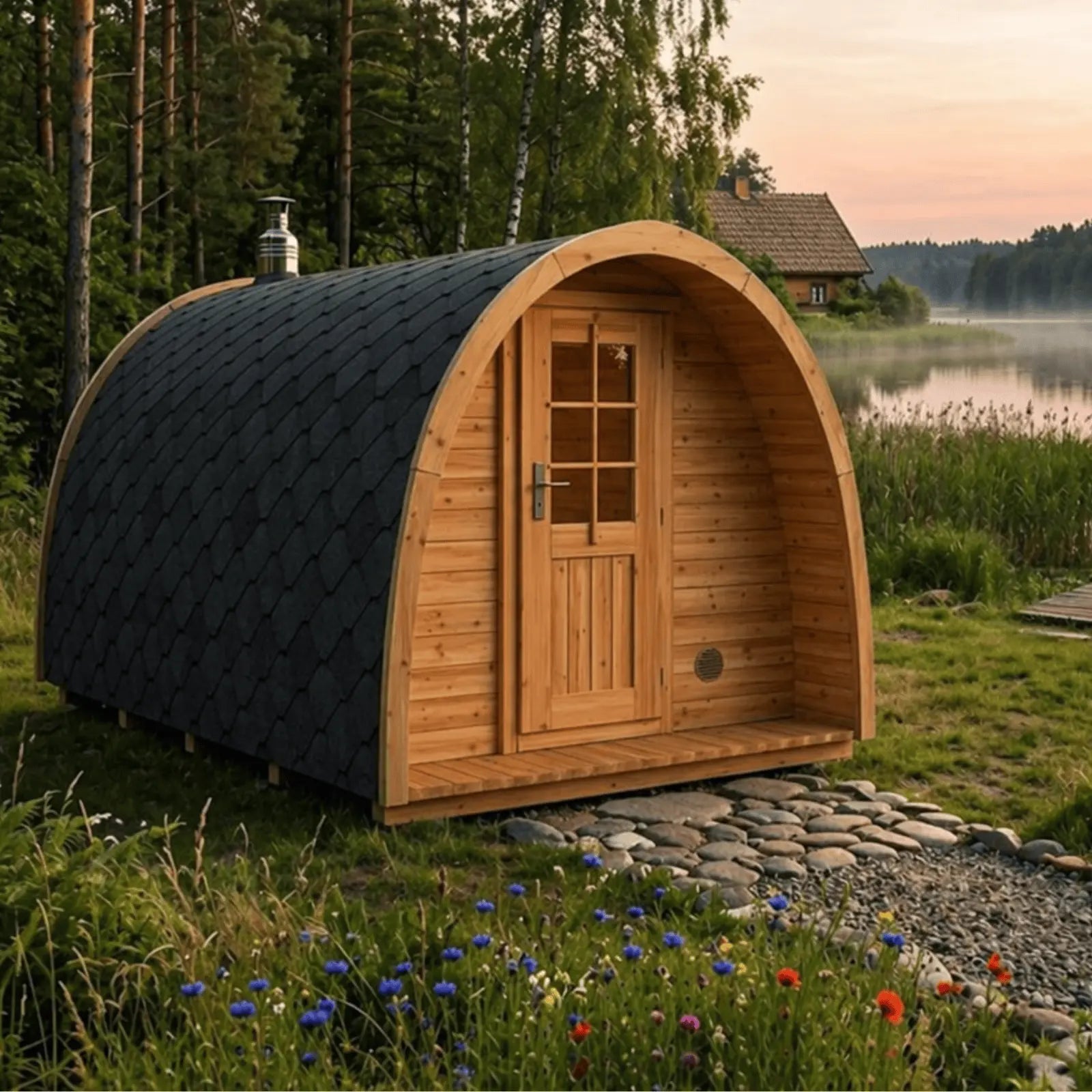 sauna zewnętrzna igloo z drewna nad jeziorem w ogrodzie naturalne otoczenie dach z gontu bitumicznego relaks spa przy domu