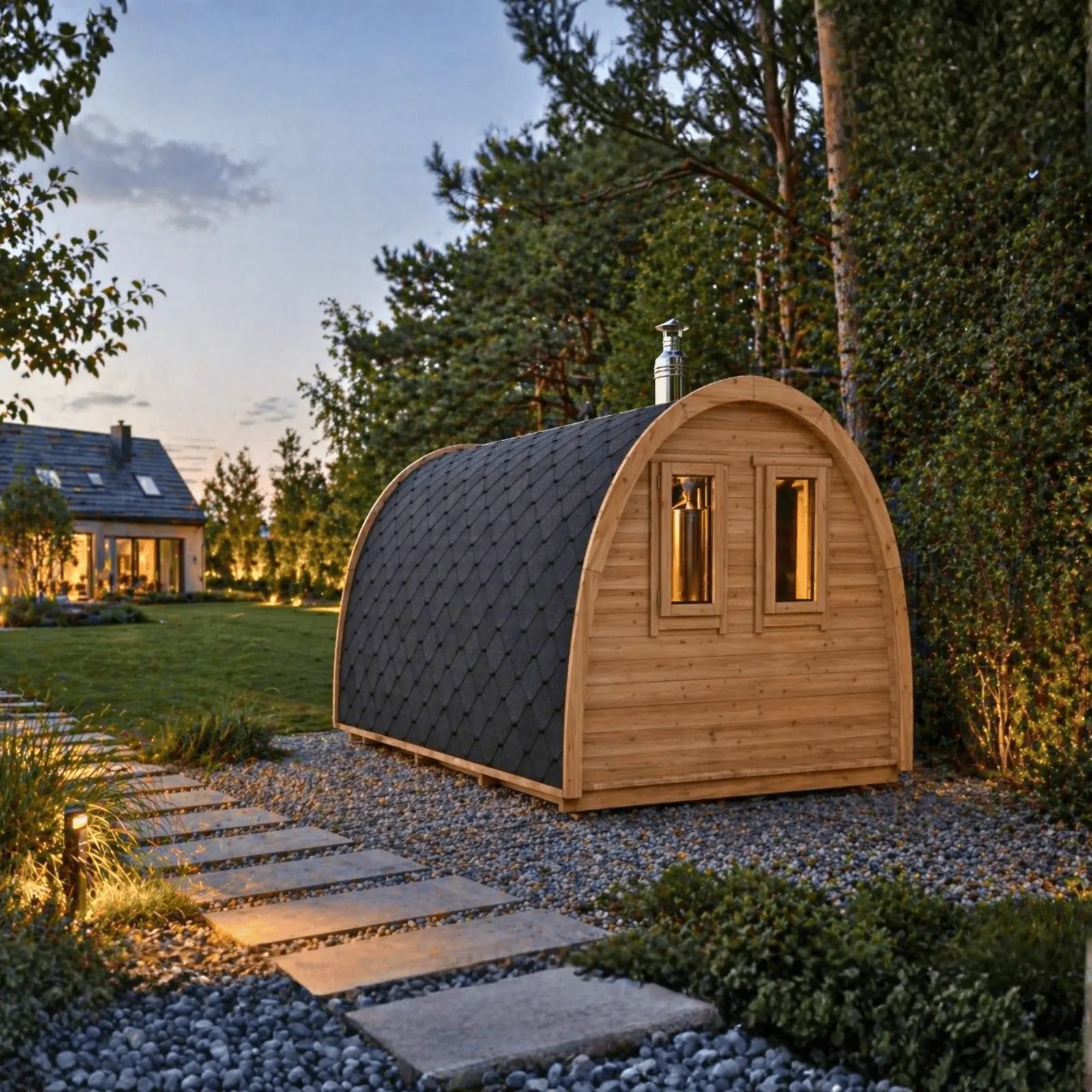 sauna ogrodowa igloo ustawiona przy domu jednorodzinnym z kamienną ścieżką i oświetleniem ogrodowym w otoczeniu zieleni o zmierzchu