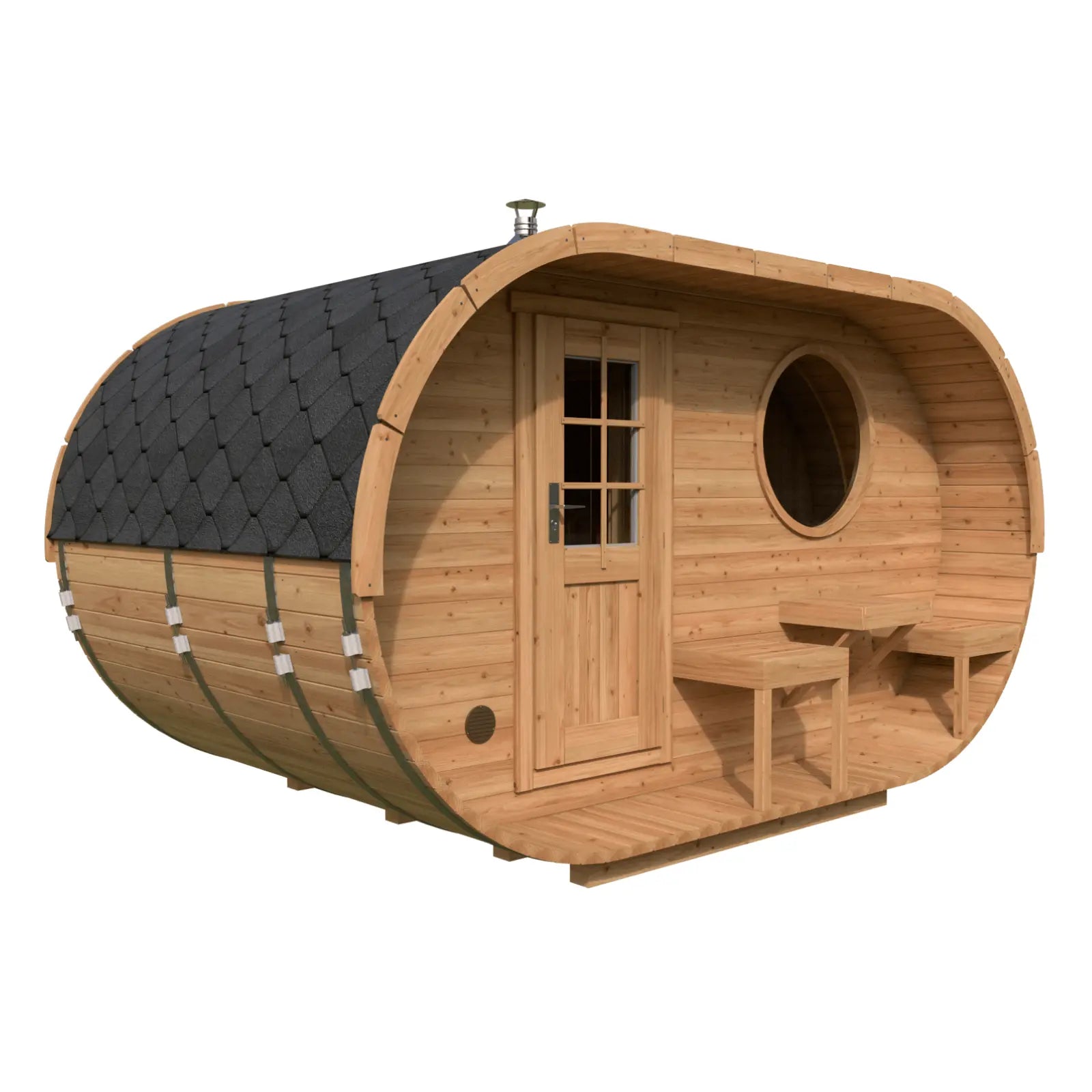 owalna sauna zewnętrzna świerk ujęcie pod kątem drewniana sauna do ogrodu naturalne drewno