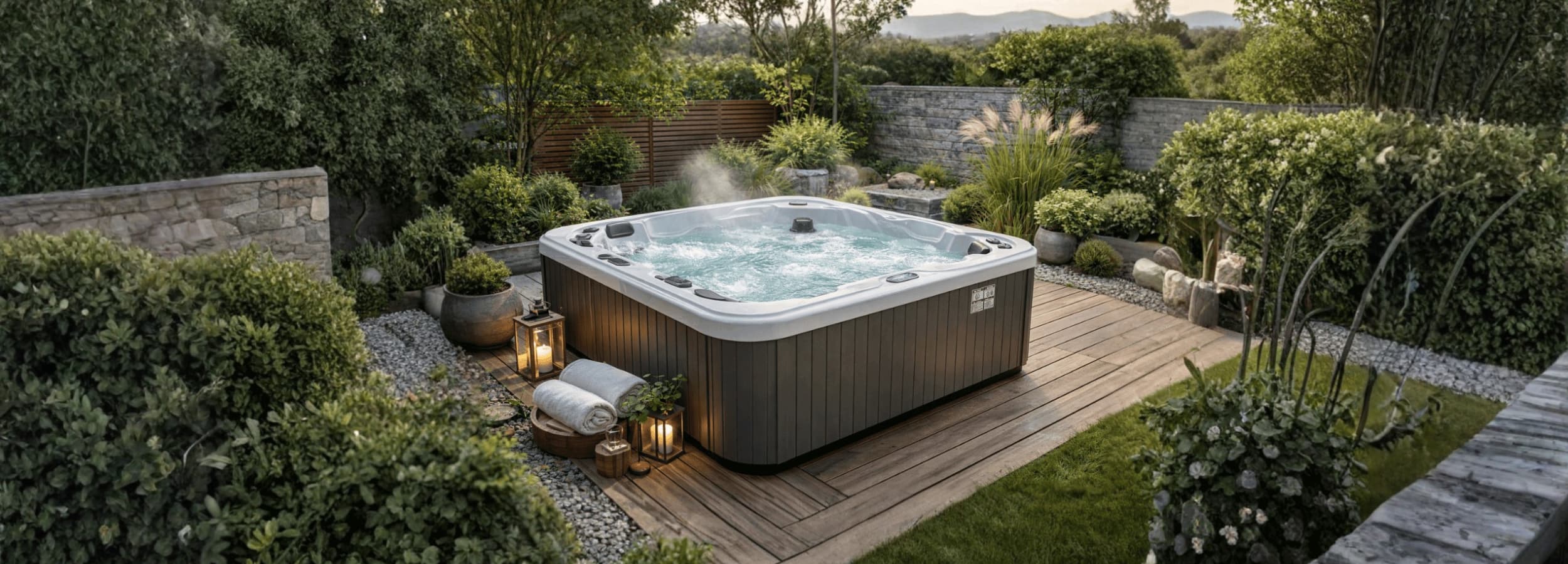 Nowoczesne jacuzzi ogrodowe na tarasie w ogrodzie, prywatna strefa relaksu i hydromasażu