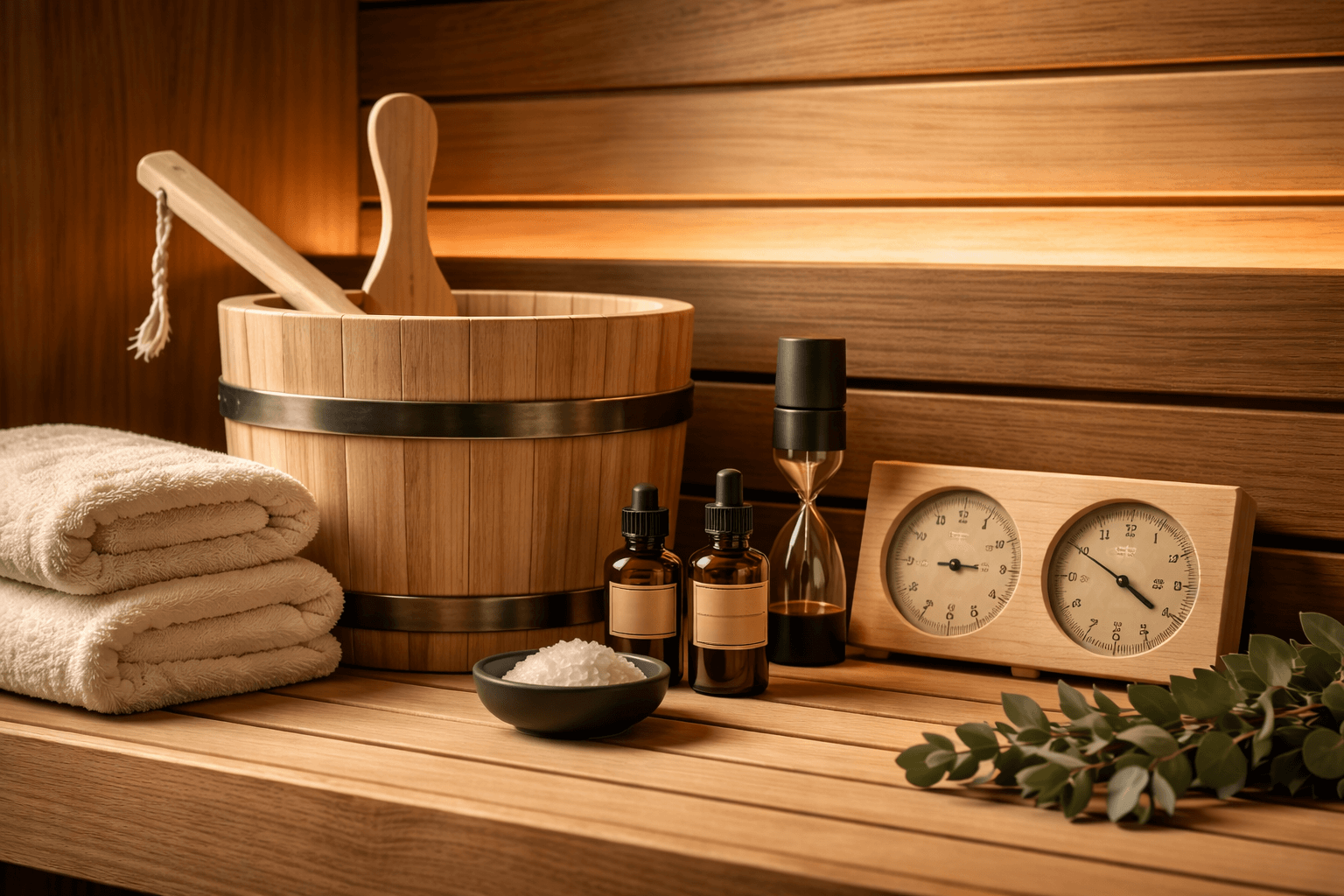 Premium akcesoria do sauny ułożone na drewnianej ławie: wiadro z chochlą, termometr, ręczniki i naturalne olejki eteryczne w eleganckim, ciepłym wnętrzu sauny.