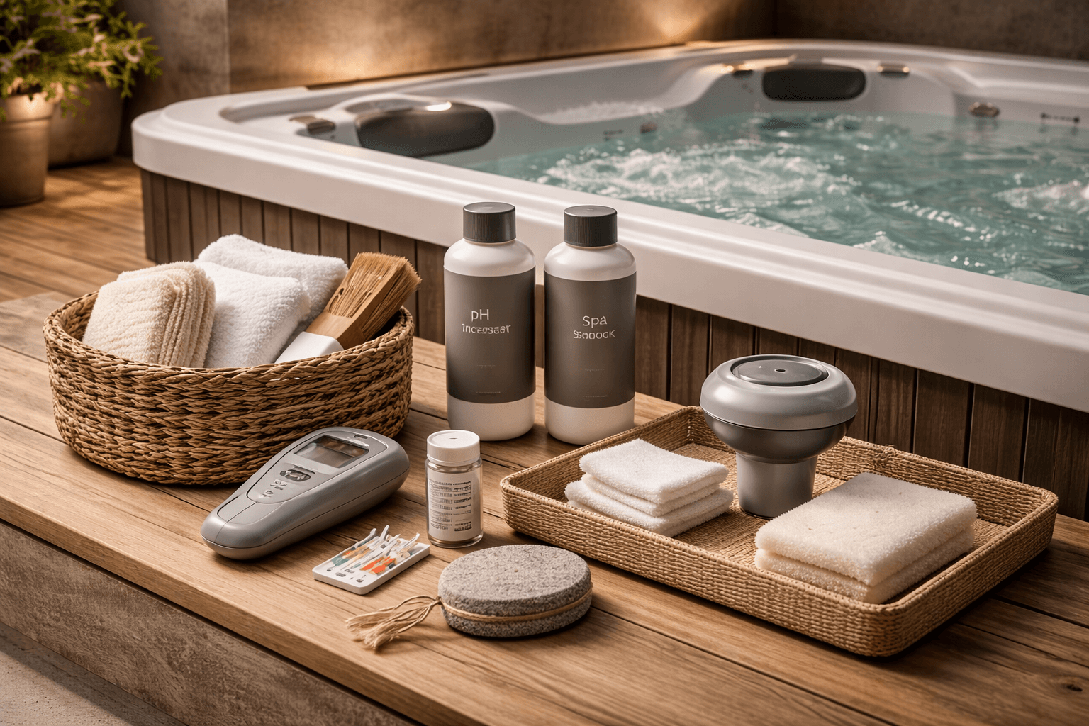 Premium akcesoria do pielęgnacji jacuzzi na drewnianym blacie obok nowoczesnego jacuzzi w eleganckiej strefie spa, neutralne beżowo-szare barwy, kamień, naturalne drewno i ciepłe, miękkie oświetlenie.