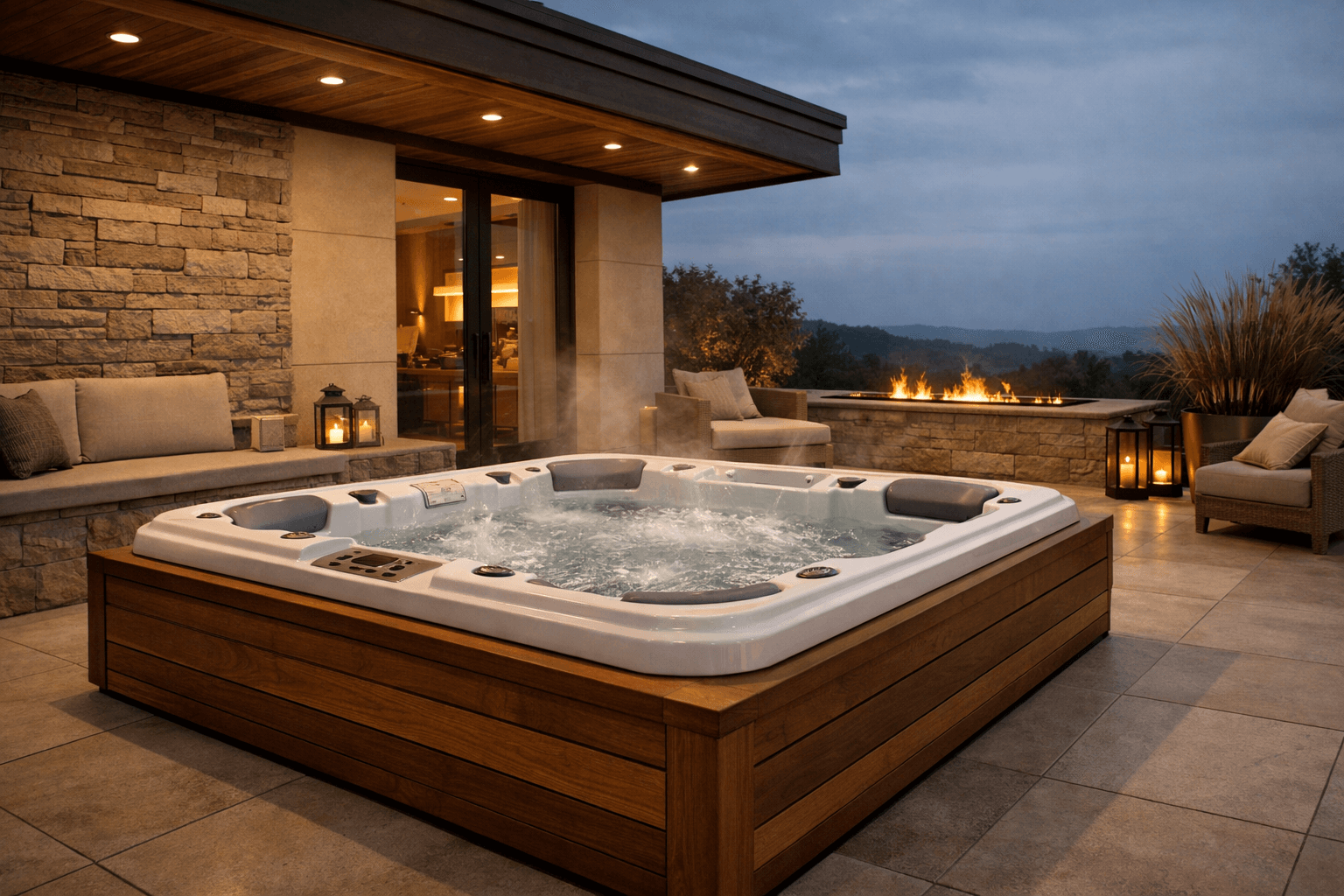 Jacuzzi całoroczne na nowoczesnym tarasie z ciepłym oświetleniem i subtelną parą nad wodą