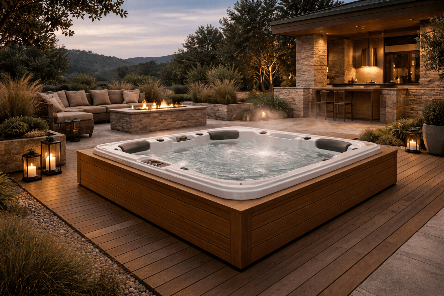 Nowoczesne jacuzzi ogrodowe z hydromasażem na eleganckim tarasie, naturalne materiały i ciepłe oświetlenie.