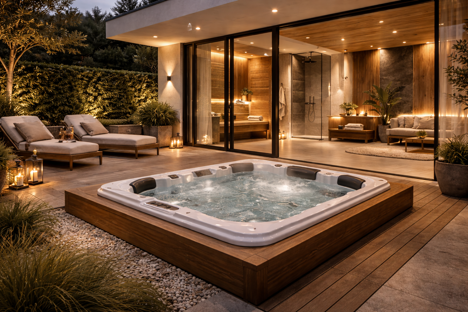 Jacuzzi premium w nowoczesnej strefie SPA z drewnianym tarasem i subtelną parą nad wodą.