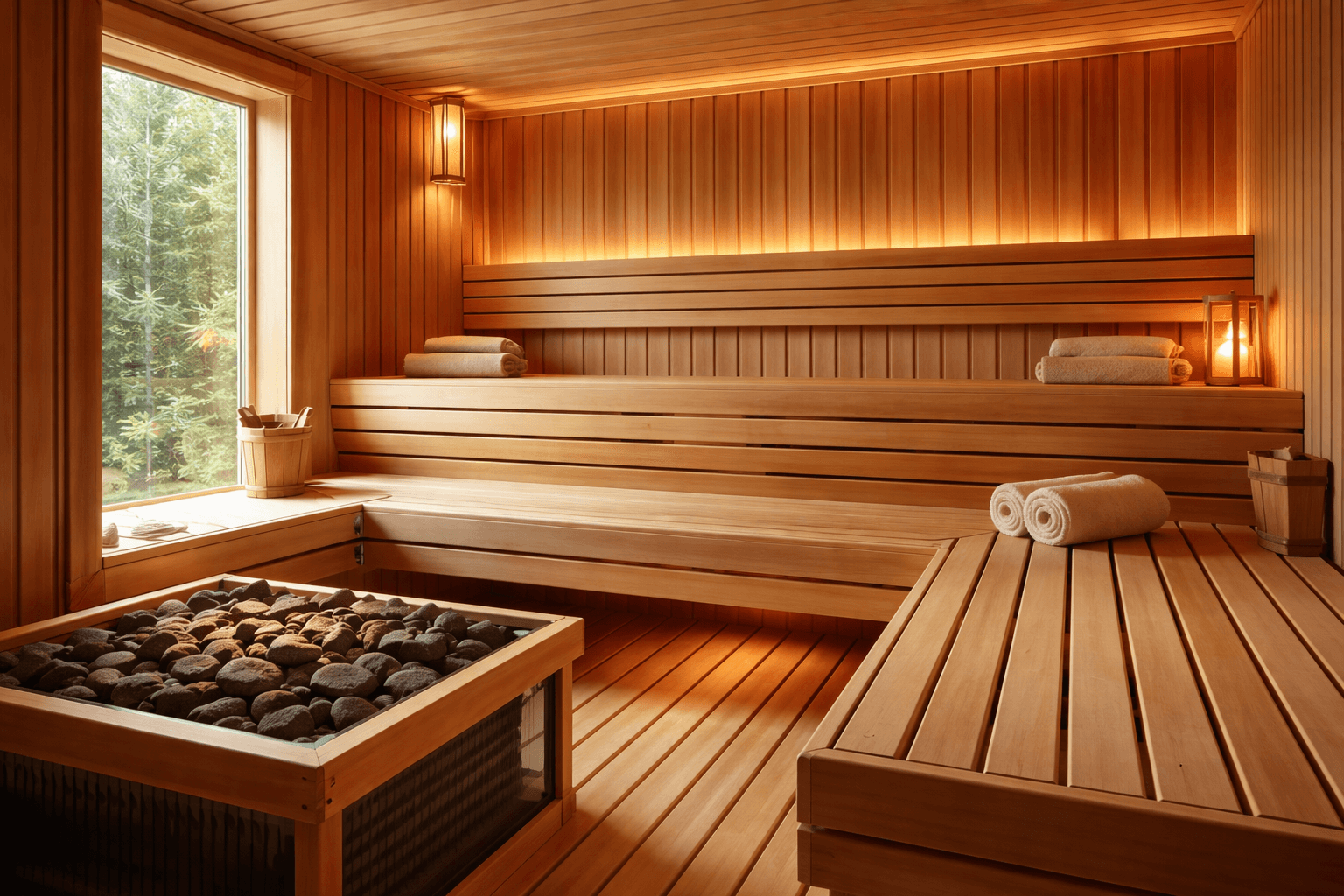 Luksusowa tradycyjna fińska sauna z naturalnego jasnego drewna, drewnianymi ławami, piecem z kamieniami oraz ciepłym nastrojowym oświetleniem w stylu skandynawskiego wellness.