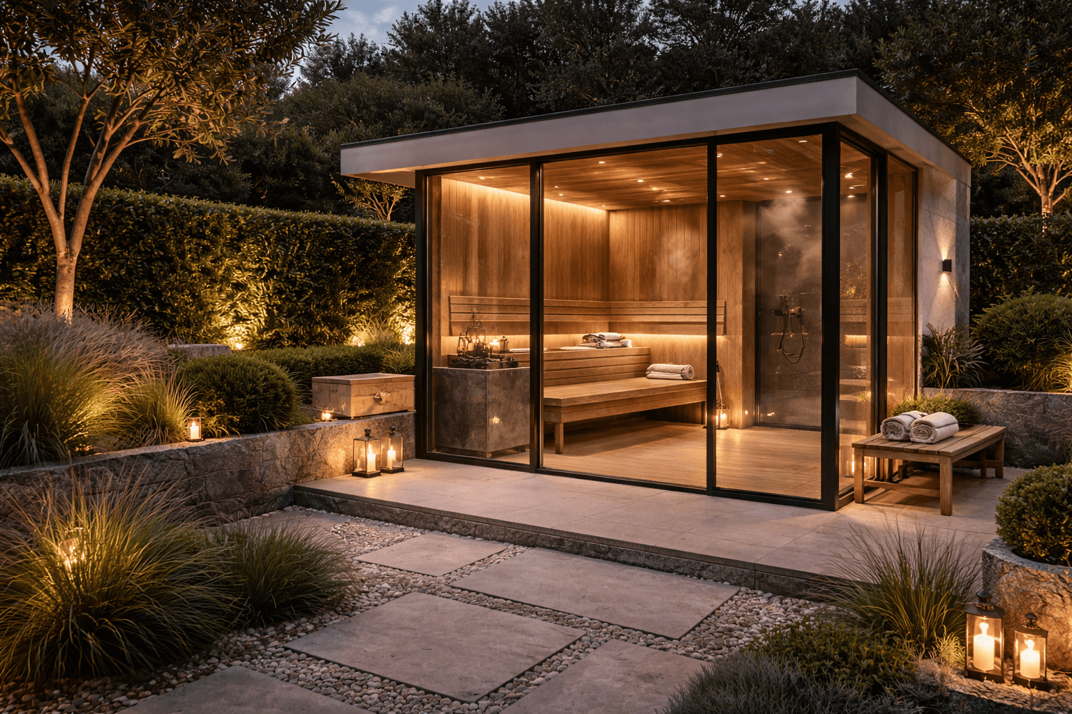 Luksusowa sauna ogrodowa przeszklona z naturalnym drewnem i ciepłym oświetleniem w nowoczesnym ogrodzie przy domu, minimalistyczny design skandynawski.